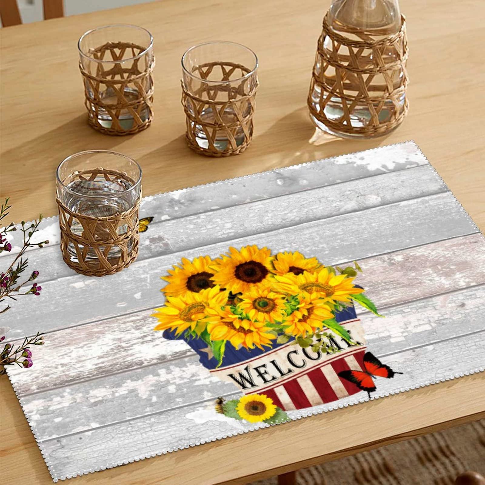 American Sunflowers Patriotic Welcome Place Mats Set of 4 - USA Flag Themed Heat Resistant Table Mats for Memorial Day Decorations, Dining Table Centerpiece with Flowers & Butterflies Design - Perfect for 4th of July BBQs, Family Gatherings & Patriotic Home Decor