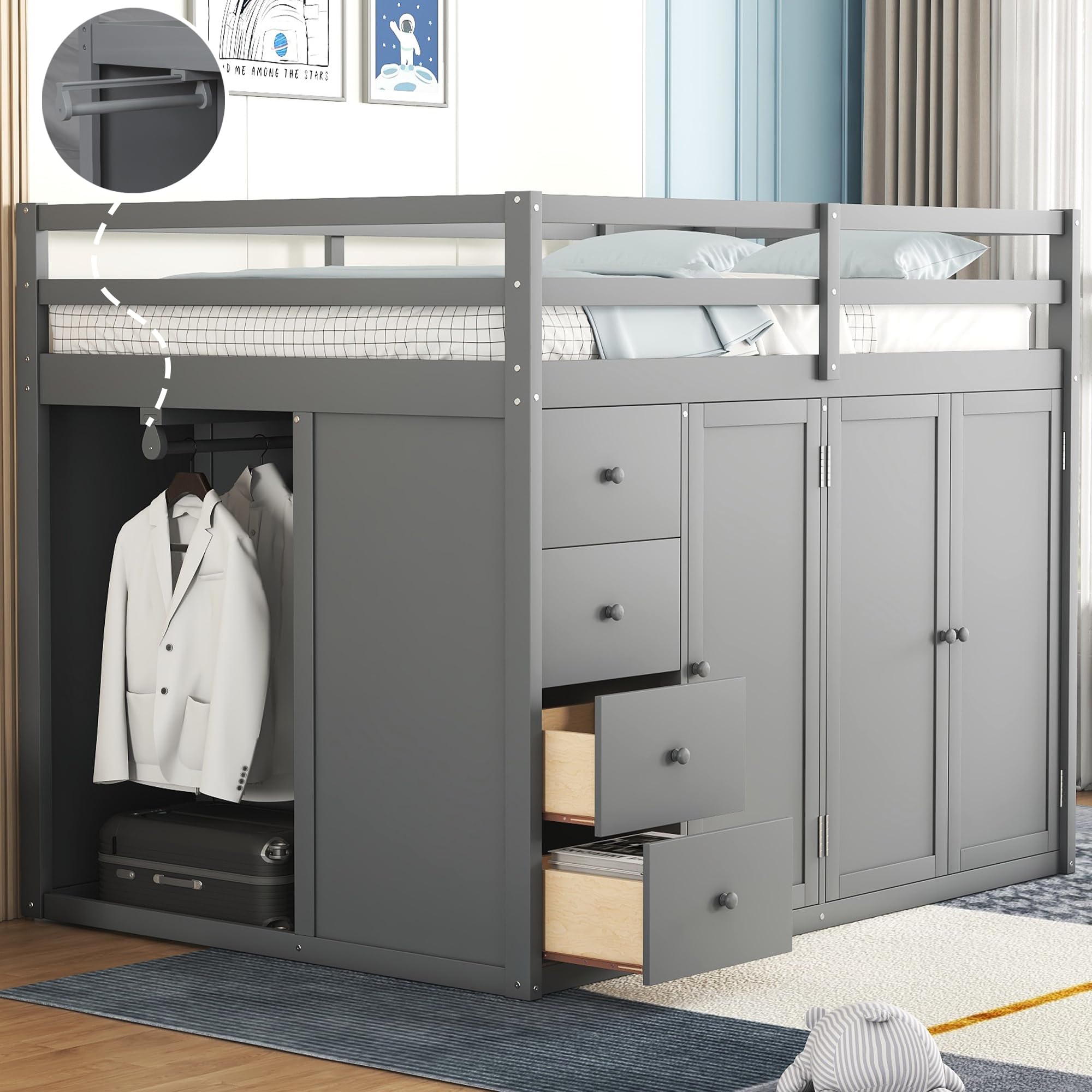 Harper & Bright Designs Full Size Wood Loft Bed with Stairs - Twin XL Loft Bed Frame with 2 Wardrobes, Storage Drawers & Cabinet - Sturdy High Loft Bed for Kids, Teens & Adults (Grey) - Perfect for Small Bedrooms, Dorms & Space-Saving Kids Rooms