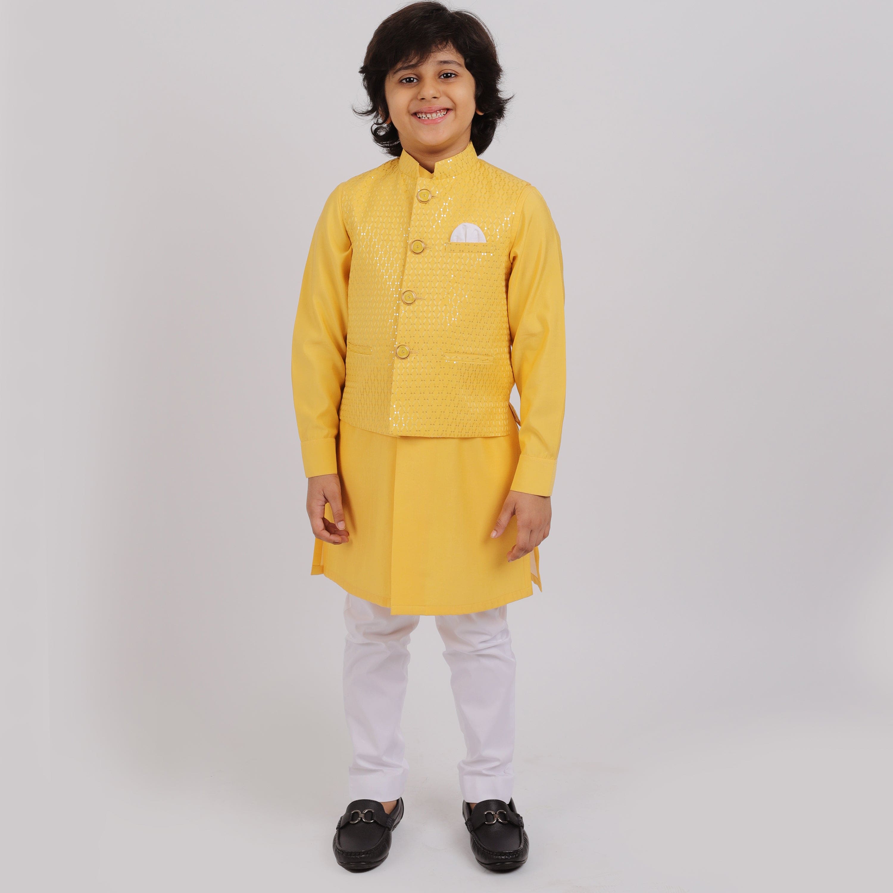 **Pre-Order: Stylish Yellow Bandi Set with Yellow Kurta & Off-White Pants for Boys – Perfect for Festivals, Weddings & Special Occasions**