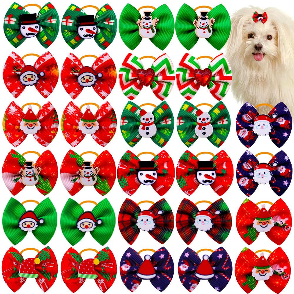 Christmas Dog Hair Bows - 20pcs Snowman Snowflake Pet Grooming Bands for Holiday Dress Up