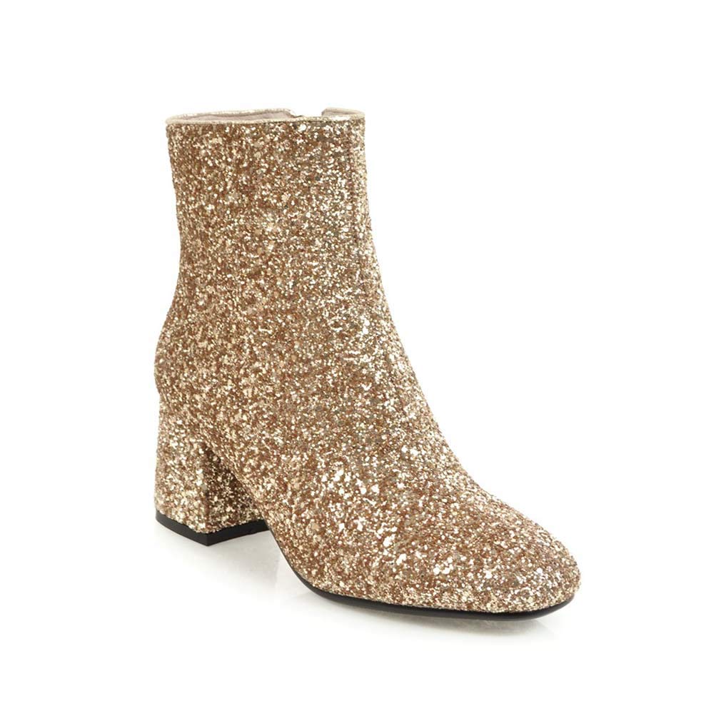 Elyffany Women's Mid Block Heel Glitter Ankle Boots - Ladies Zipper Party Prom Booties for Night Out, Club, Wedding & Special Occasions