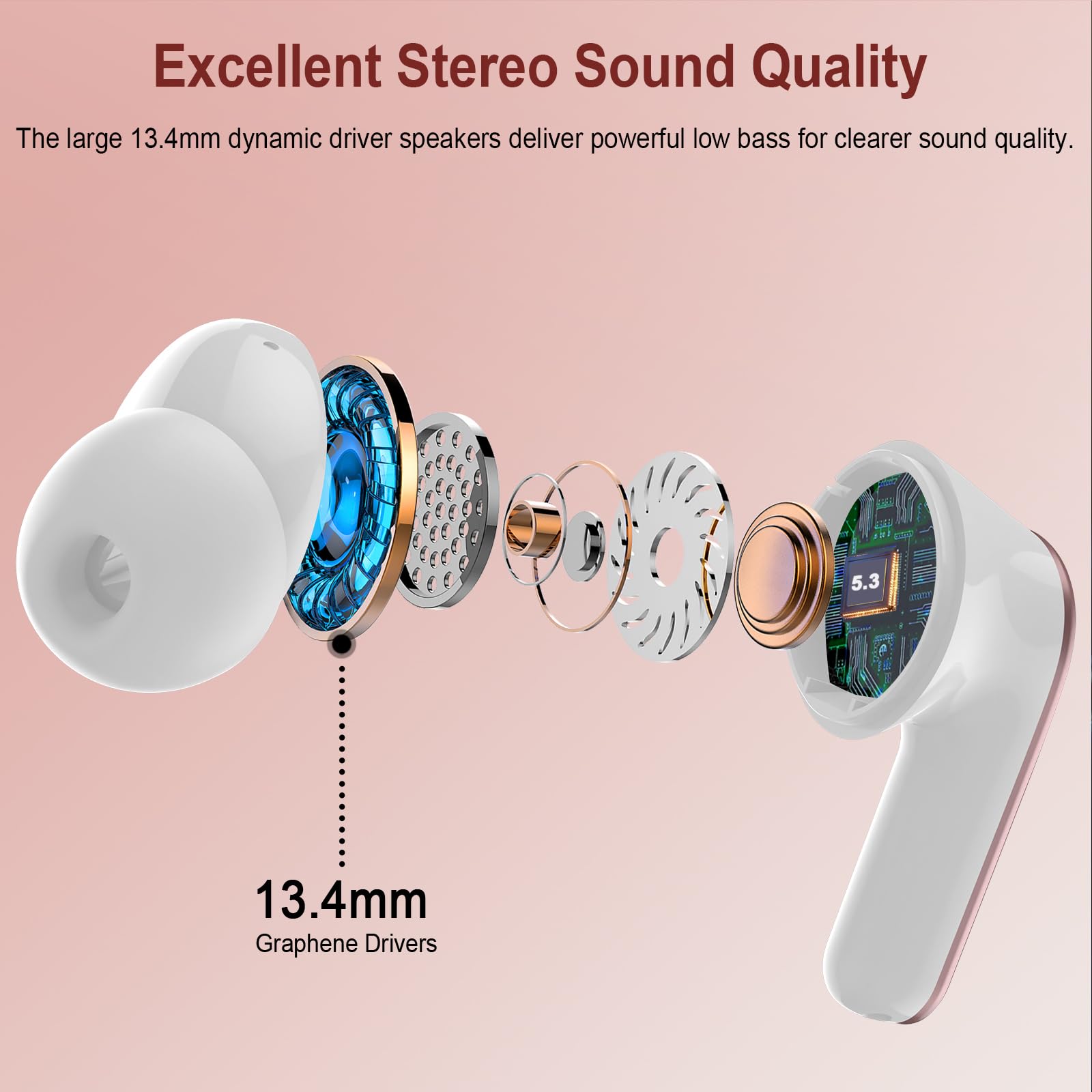 Wireless Earbuds Bluetooth 5.3 with HiFi Stereo Deep Bass, Noise Cancelling Headphones with 4 ENC Mic, 50H Playtime & Dual LED Display - Perfect for Gym, Running, Travel & Work (Rose Gold)