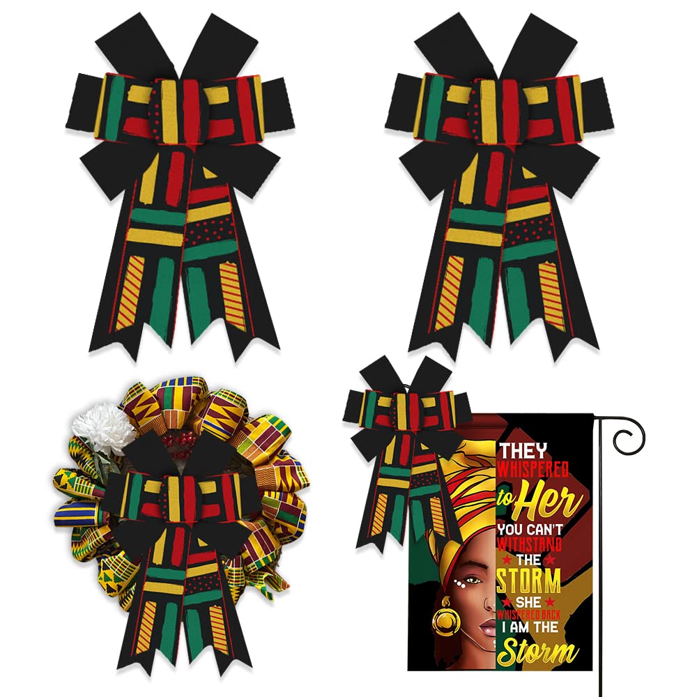 2 Pack Juneteenth Wreath Bows - Yellow & Black Burlap Bows for African American Freedom Day Decor, Happy Kwanzaa Wreath Accessories - Perfect for Front Door, DIY Crafts, and Holiday Home Decorations