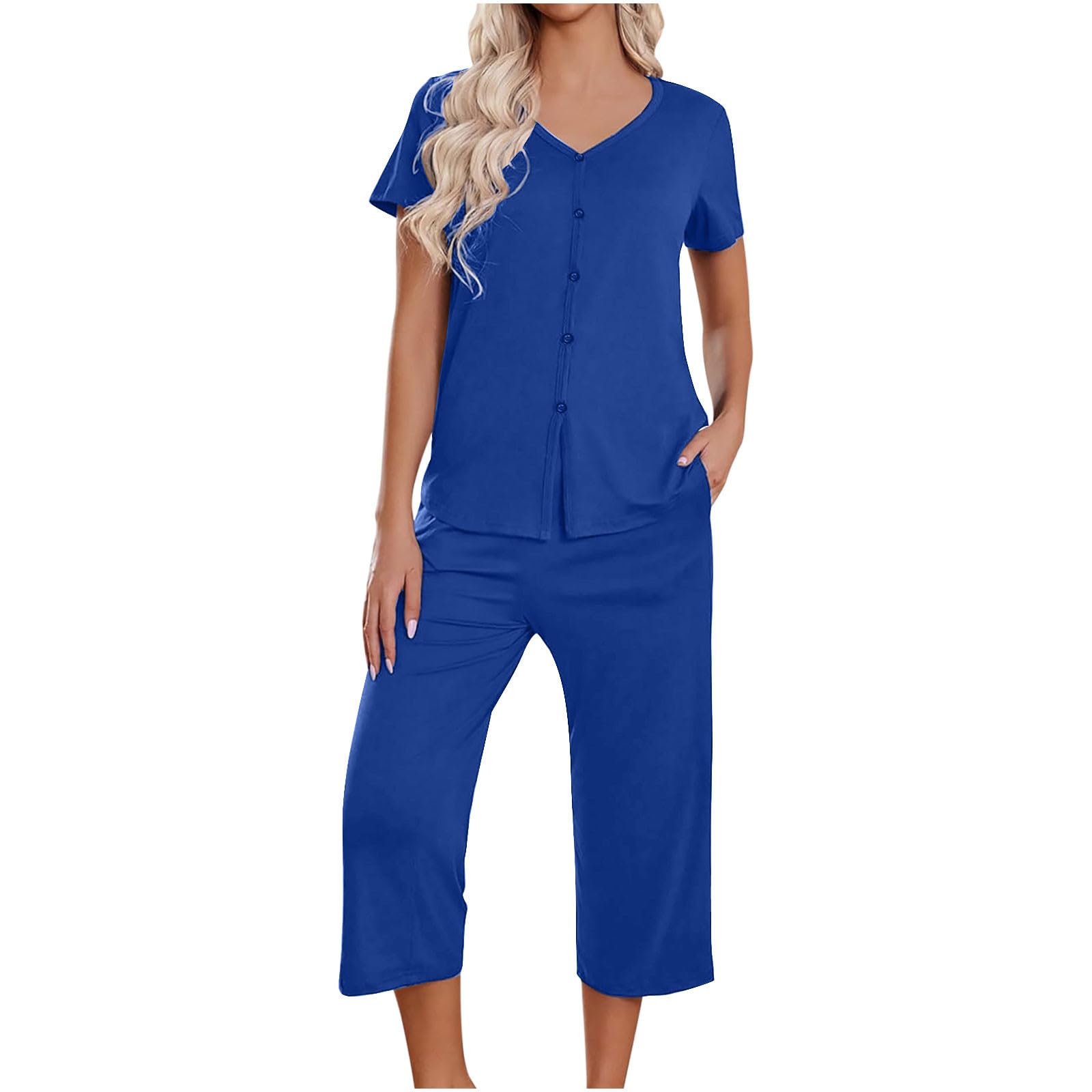 Women's 2-Piece Pajama Set - Plus Size Button-Up Short Sleeve Lounge Wear & Sleepwear for Comfortable Nights | Cozy Home Outfit, Relaxing Evenings & Vacation Loungewear