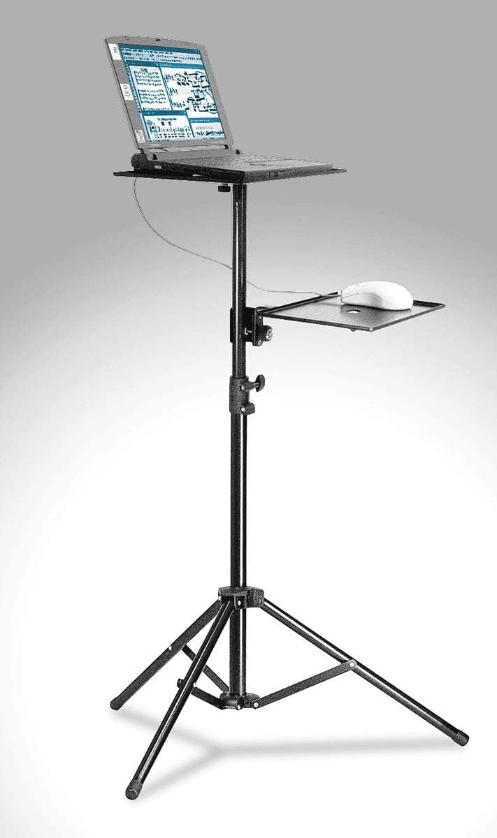 K&M Konig & Meyer 12150.000.55 Adjustable Laptop Projector Stand with Tripod & Cross Brace Legs | Clamp-On Mouse/Phone Tray | Ergonomic & Portable Design | German Made Black | Perfect for Home Office, Classroom & Business Presentations