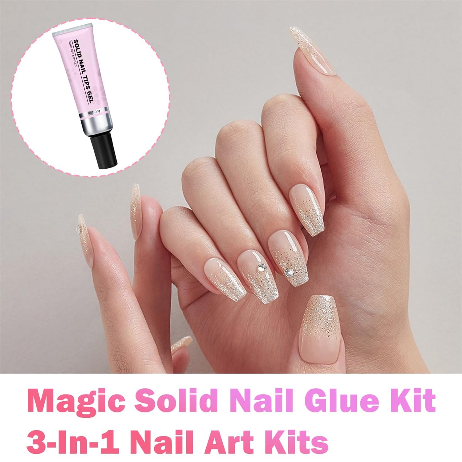 Magic Solid Nail Glue Kit - 3-in-1 Nail Art Set with Solid Nail Glue Gel & Press On Nails for Professional Salon & DIY Home Manicures