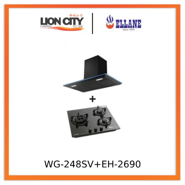 Ellane EH 2690 90cm Black Stainless Steel Designer Chimney Range Hood + Ellane WG 248SV 3 Burner Tempered Glass Cooktop with Safety Lock - Modern Kitchen Ventilation & Cooking Solution for Home Chefs