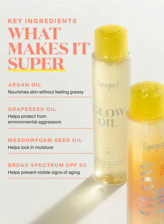 Glow Oil SPF 50 Sunscreen - Hydrating & Non-Greasy Beach Flower Scent - Perfect for Sunbathing, Pool Days & Tropical Vacations