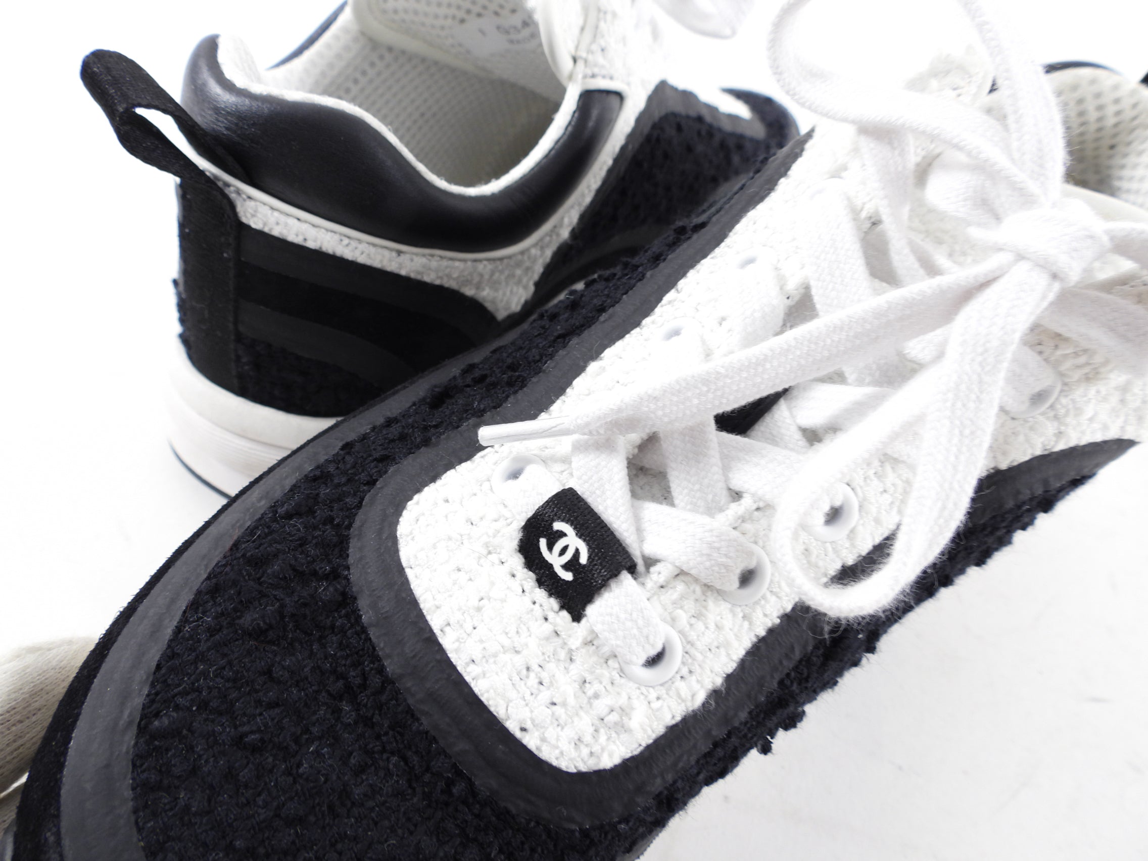 Chanel Black and White CC Logo Tweed Trainer Sneakers for Women - Size 36.5 / US 6.5 - Luxury Fashion Sneakers for Casual Wear & Street Style Outfits