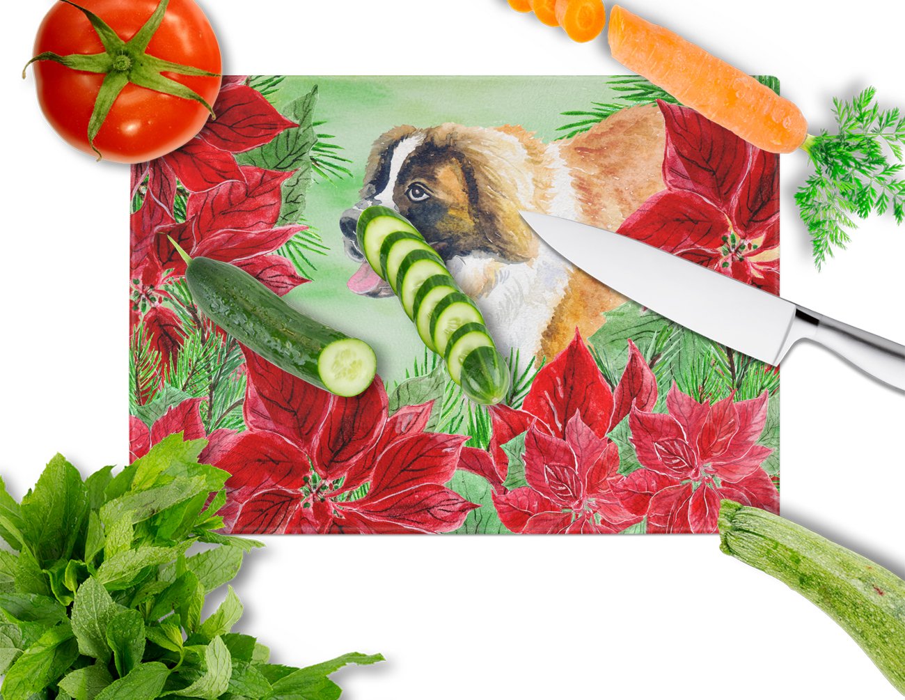 Saint Bernard Poinsettas Tempered Glass Cutting Board - Large Decorative Kitchen Chopping & Serving Board | Holiday Entertaining, Christmas Decor, Gift Idea