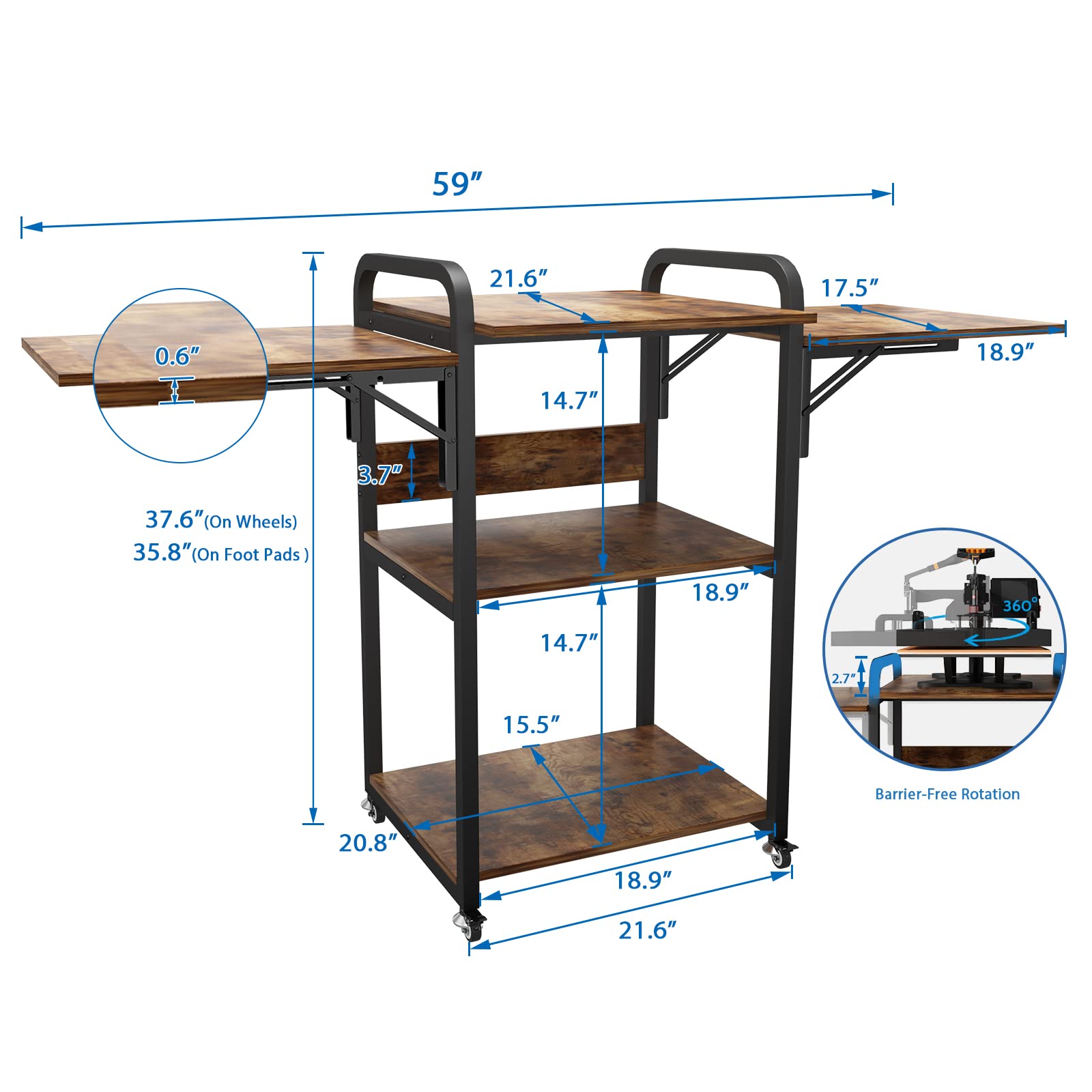 PUNCIA 3-Tier Heavy Duty Rolling Heat Press Table - Foldable Heat Transfer Machine Stand with Metal Shelves for Sublimation Printing | Portable Workbench for T-Shirt, Mug & DIY Crafts | Home & Workshop Organization Storage Solution