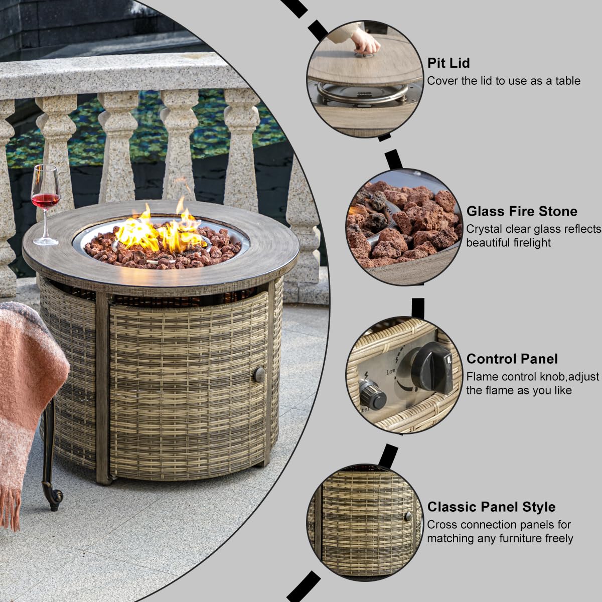 32 Inch Round Propane Fire Pit Table with Lid & Lava Rocks - 50,000 BTU Outdoor Gas Firepit for Patio, Backyard, Garden - Perfect for Dining, Entertaining, and Relaxing