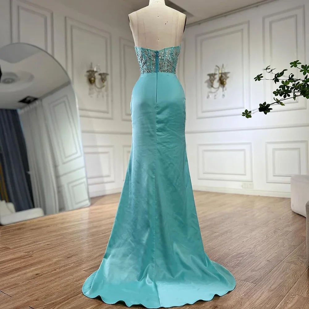 Elegant Blue Split Mermaid Evening Gown with Beaded Details - Luxury Arabic Dubai Style Wedding Dress for Women - Perfect for Formal Parties, Galas & Special Occasions