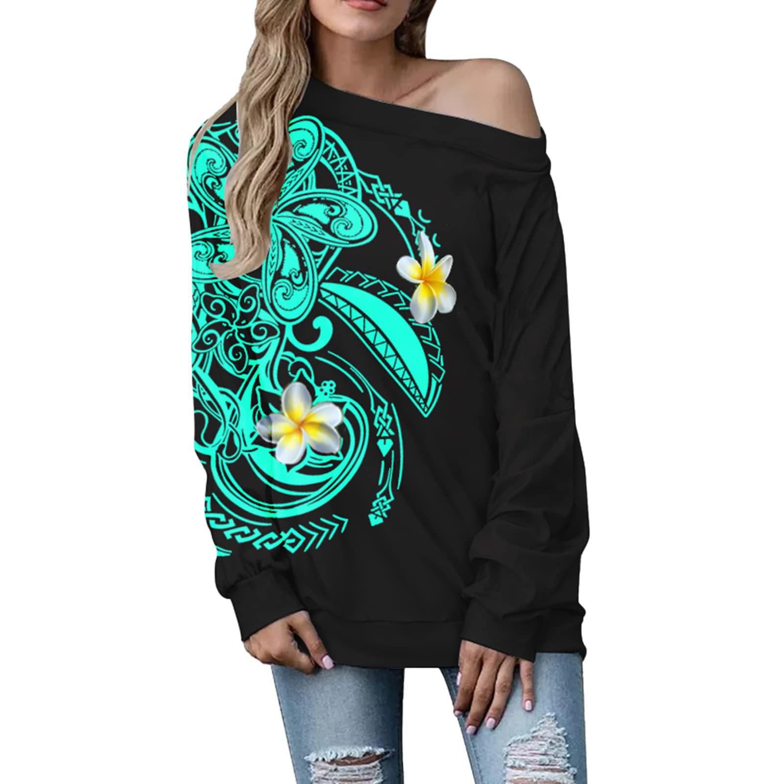 Women's Floral Printed Off Shoulder Long Sleeve Tunic Blouse - Casual White Top for Spring/Summer, Date Night & Beach Outfits