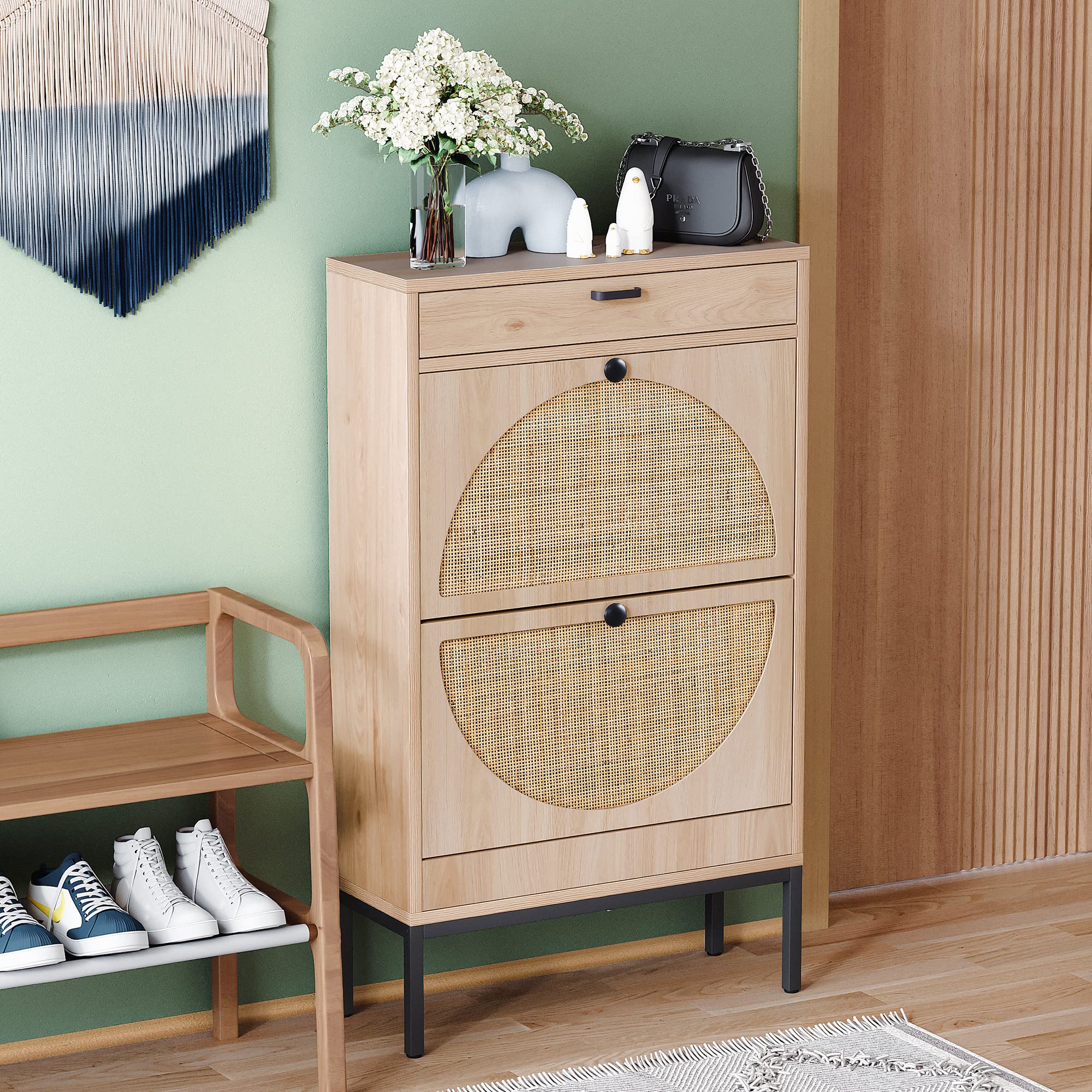 Yechen 2-Tier Wooden Shoe Rack with Rattan Doors - Entryway Shoe Storage Cabinet for Sneakers, Boots, High Heels & Slippers (Oak Finish) - Perfect for Small Spaces, Hallway Organization & Closet Storage