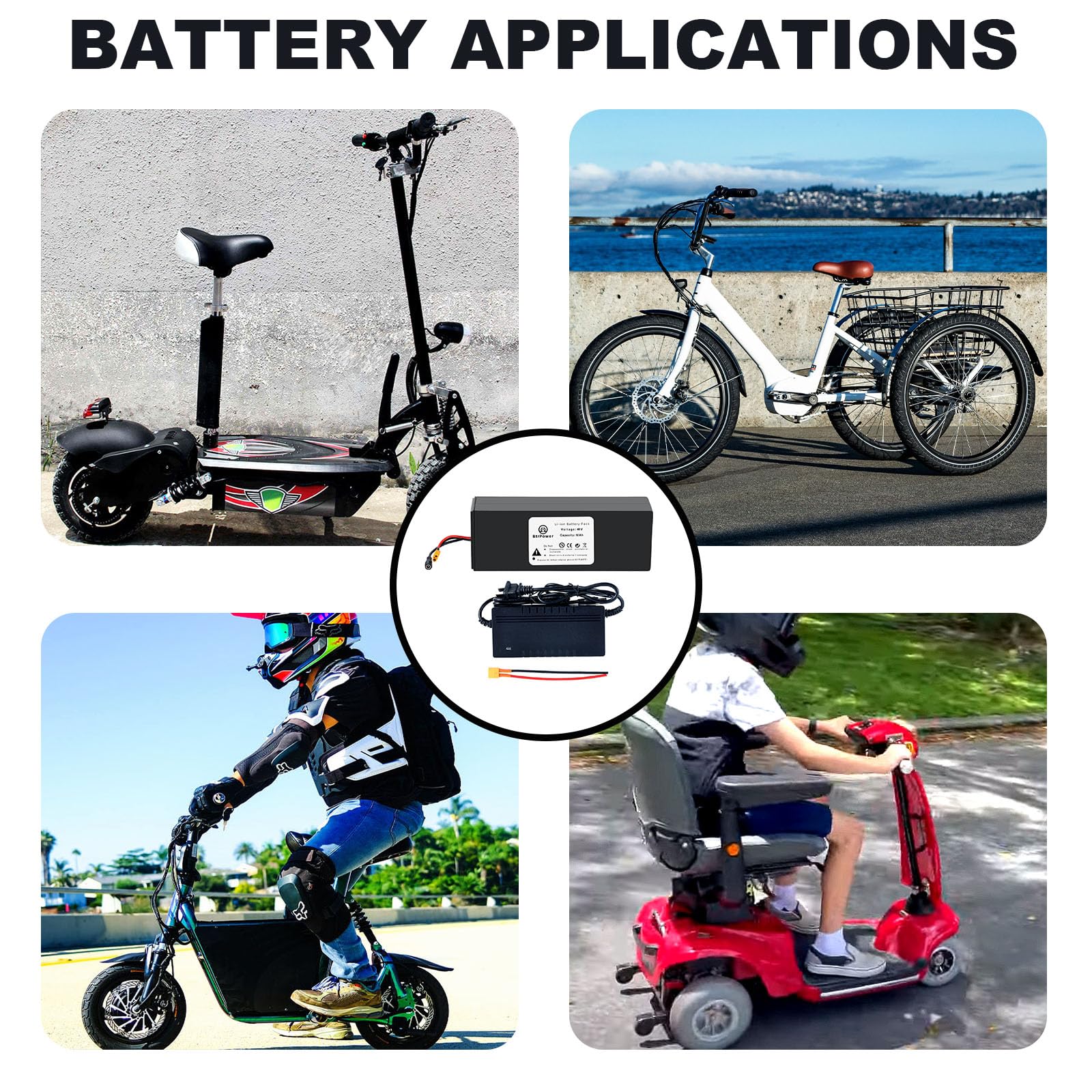 48V 52V 60V 72V Ebike Battery Pack - 10AH to 50AH Lithium Ion/LiFePO4 Battery with 3A/5A Charger & 50A/80A BMS - Compatible with 300W-4500W Electric Bike Motors - Perfect for Commuting, Mountain Biking & Long-Distance Rides