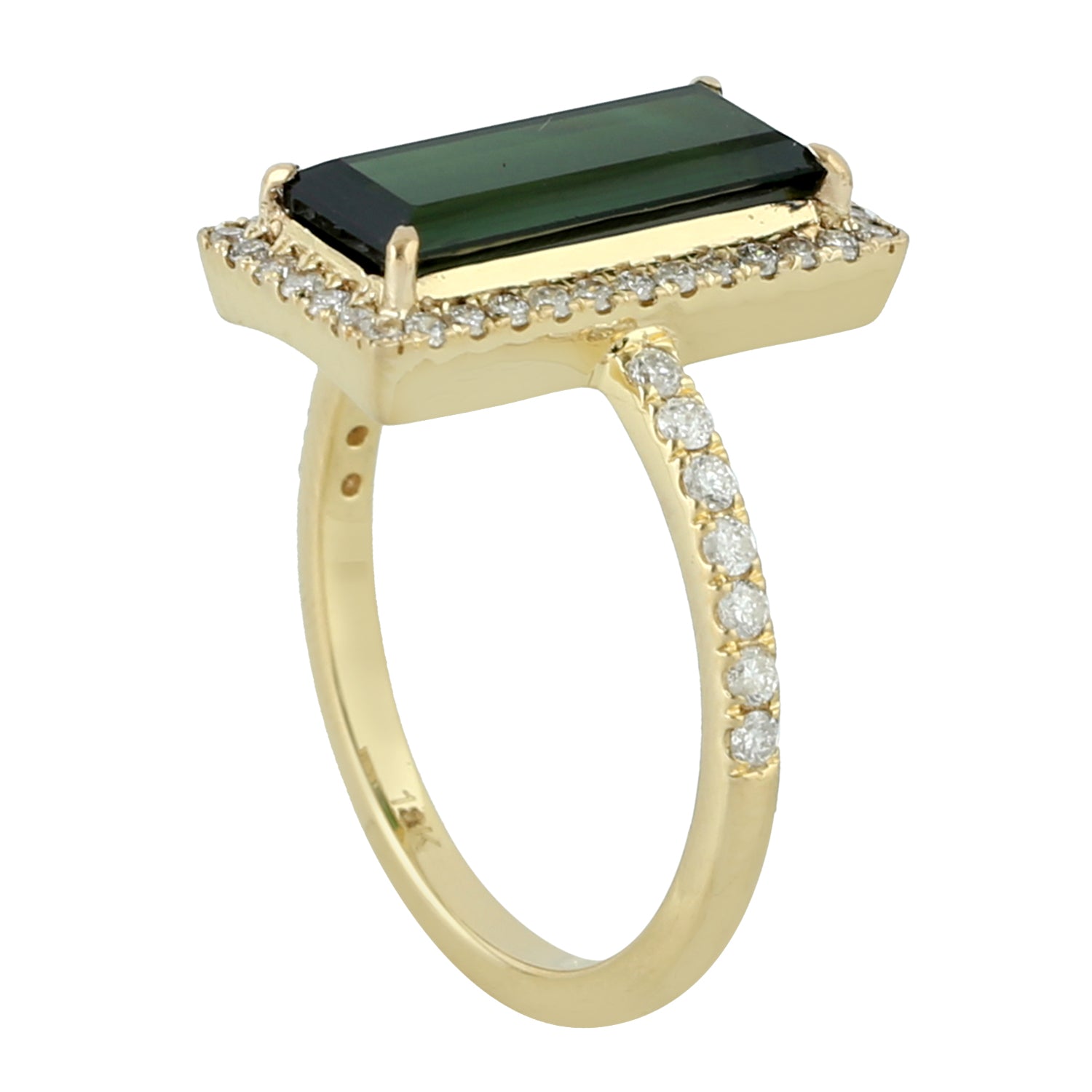 18K Yellow Gold Baguette Green Tourmaline Pave Diamond Cocktail Ring for Women | Elegant Evening Party & Wedding Jewelry Gift