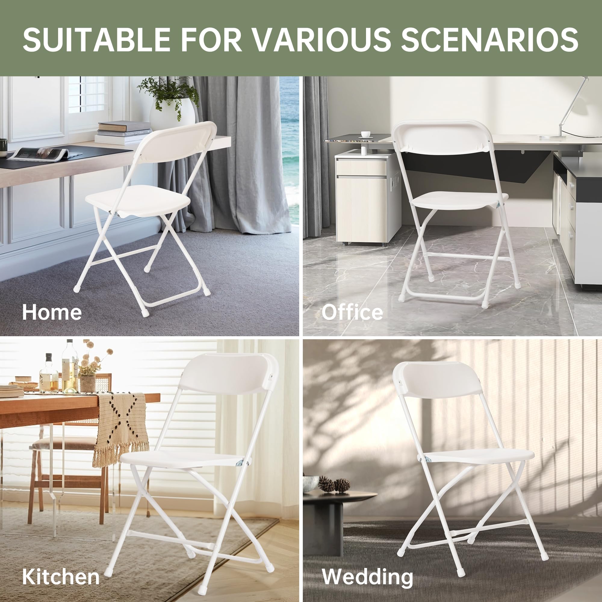 2 Pack White Plastic Folding Chairs - Heavy Duty 350lb Capacity, Stackable & Portable Commercial Chairs for Weddings, Parties, Events - Indoor & Outdoor Use in Home, Garden, Banquet Halls and Camping