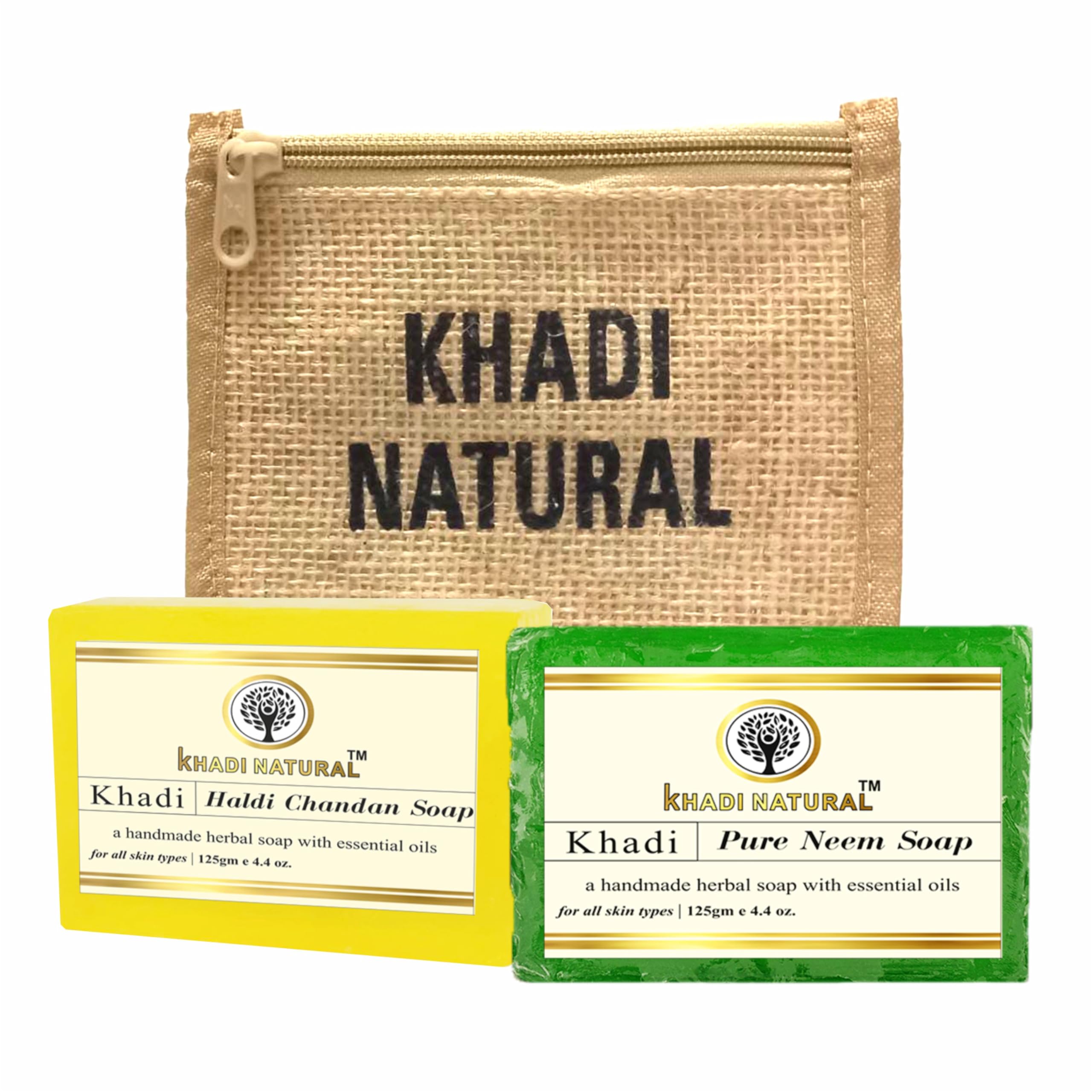 Khadi Natural Herbal Bathing Soap with Essential Oils for Healthy & Soft Skin - 100% Pure Neem, Haldi & Chandan | Suitable for All Skin Types | 125g Bar Soap for Daily Cleansing, Acne Treatment & Ayurvedic Skincare Routine