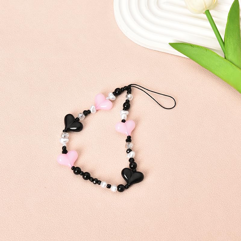 Y2K Phone Charms for Women - Black Pink Heart Beaded Phone Strap for Phone Case, Anti-Lost Wristlet for Girls