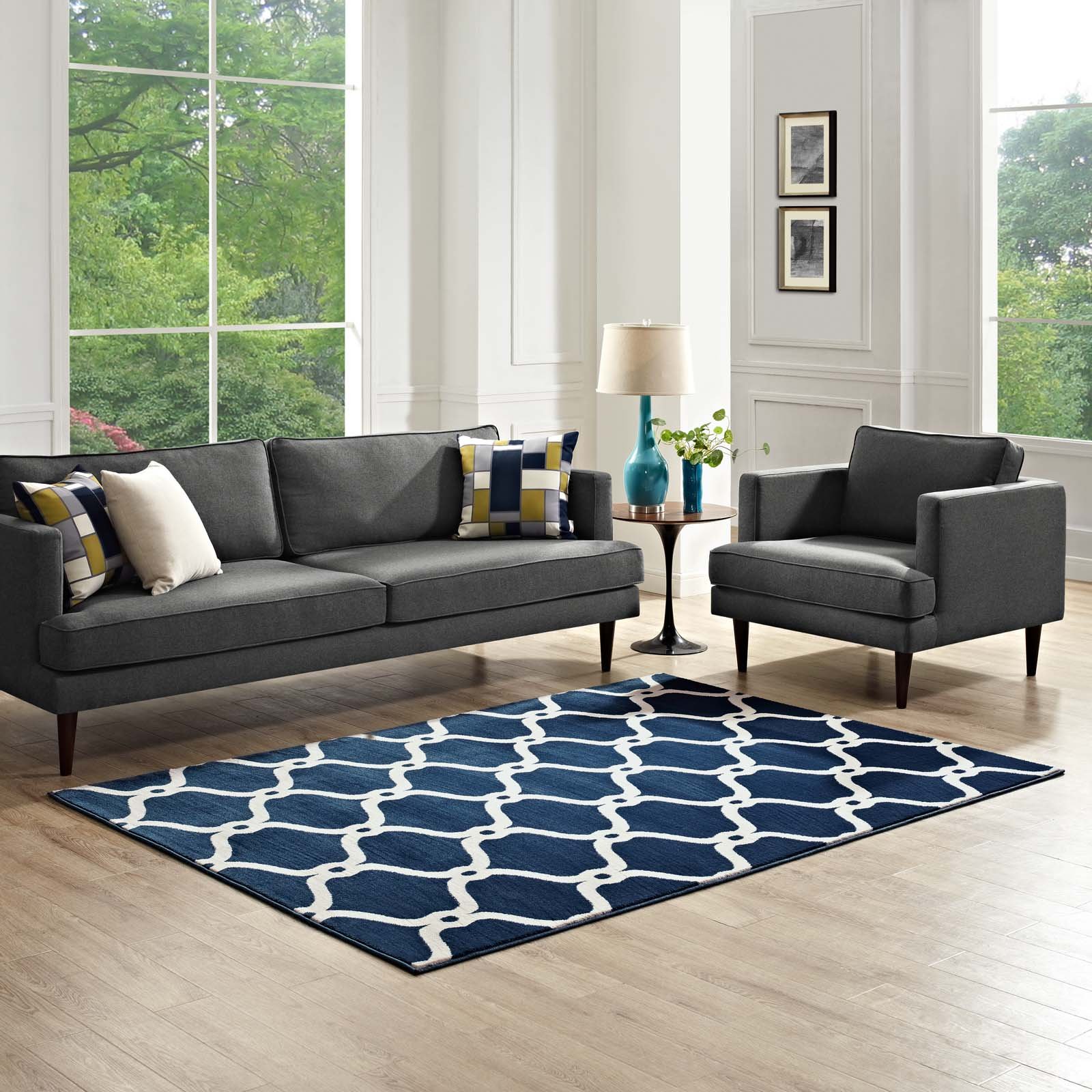 Modern Contemporary Urban Living Room Area Rug - Soft Fabric Floor Carpet Runner in Multi-Tone Navy Blue - Perfect for Lounge, Bedroom & Home Decor