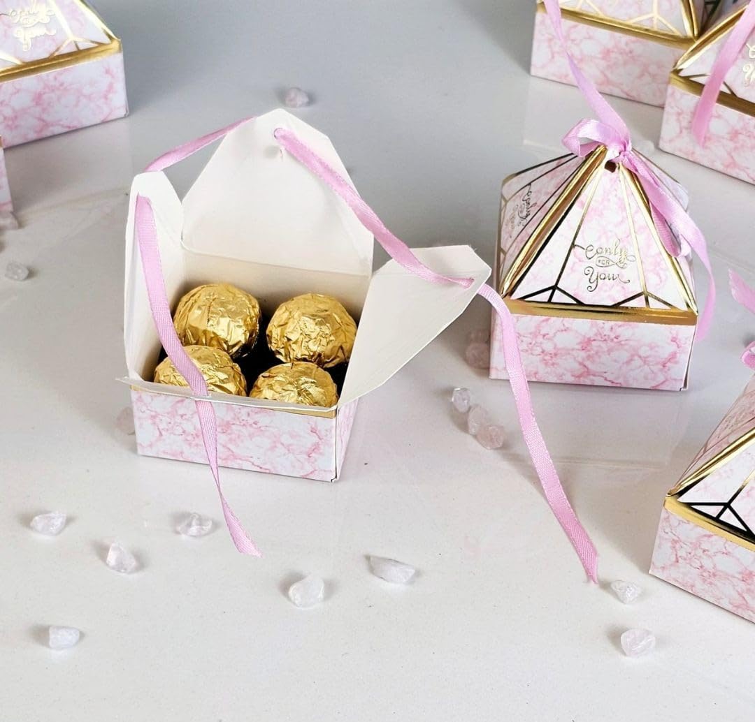 20-Piece Mini Decorative Diamond-Shaped Gift Box Set with Ribbon - Perfect for Wedding Favors, Birthday Party Favors, Chocolate & Dry Fruit Packaging (Pink) - Elegant Small Storage Solution for Jewelry, Candies & Party Supplies