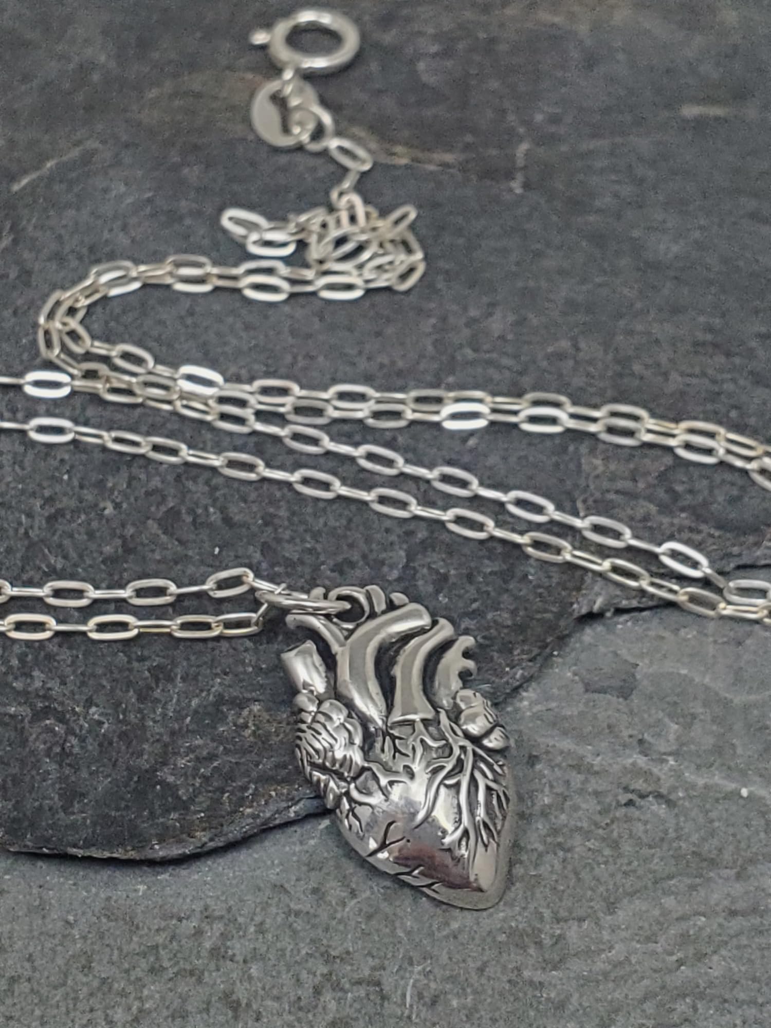 Sterling Silver Anatomical Human Heart Pendant Necklace - 18