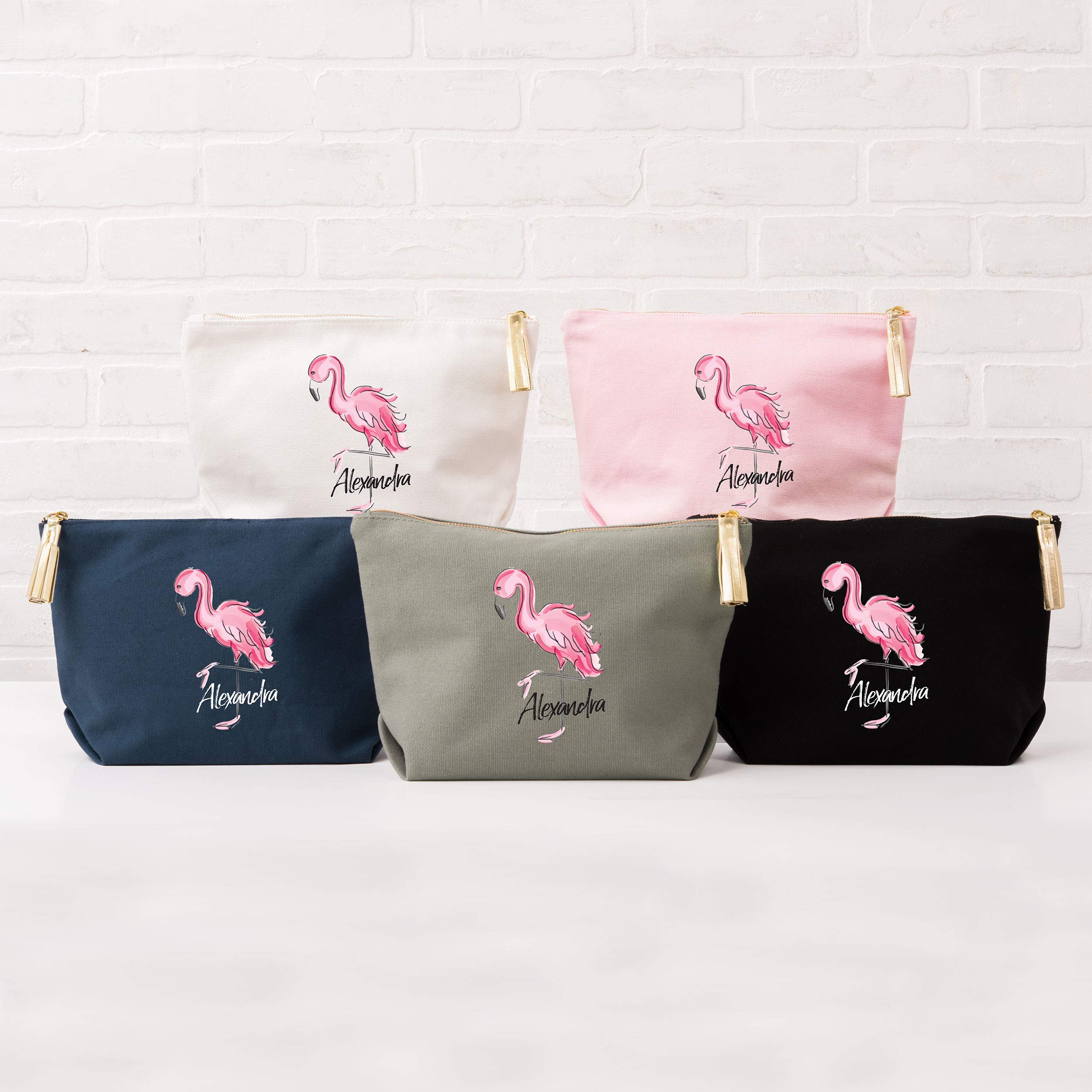 WEDDINGSTAR Large Personalized Canvas Makeup Bag - Flamingo White | Customizable Cosmetic Pouch for Bridal Shower, Travel & Bachelorette Party Gifts