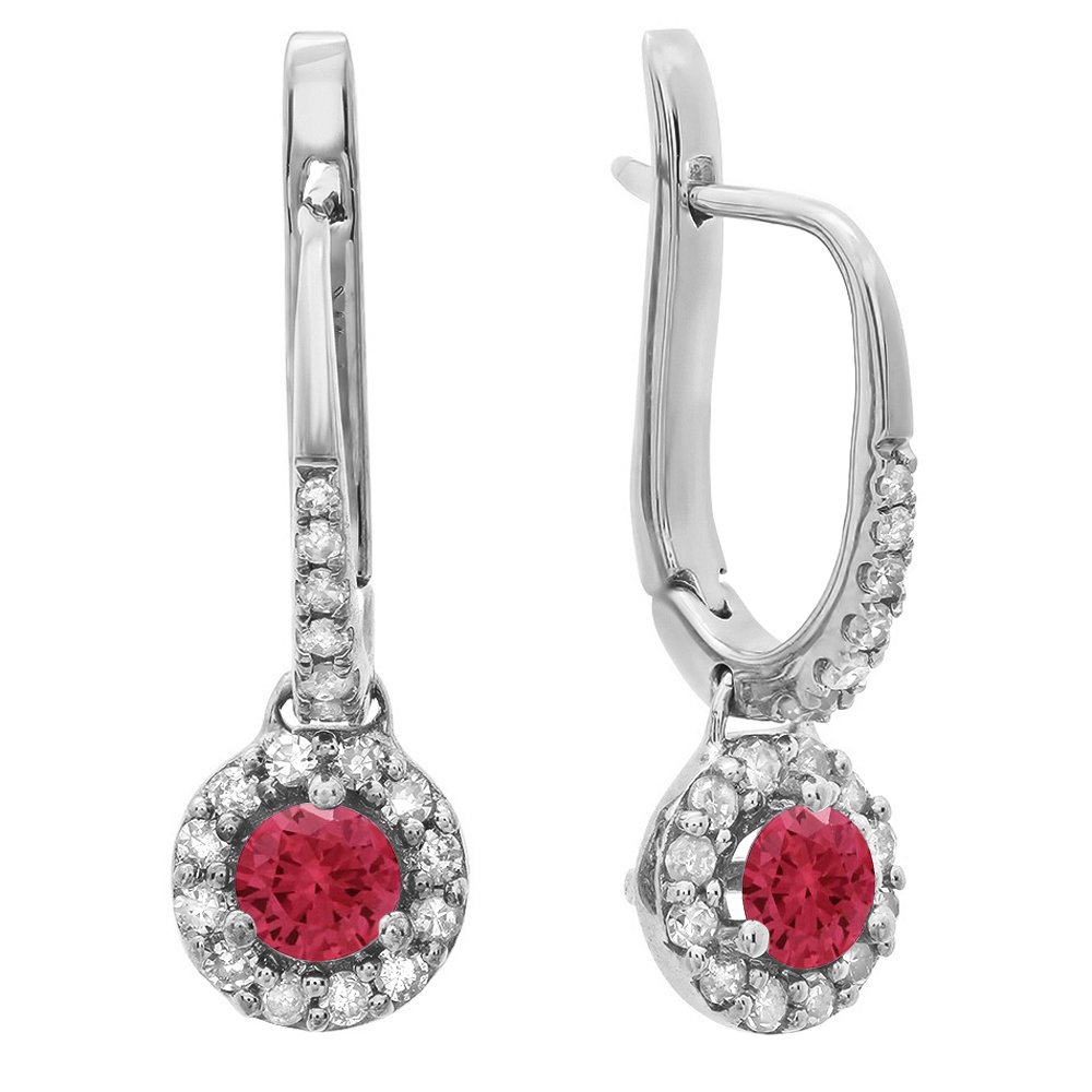 Dazzlingrock 14K Solid White Gold Round Gemstone & Diamond Halo Drop Earrings for Women – 3mm Each, Elegant Dangling Design for Parties, Weddings & Special Occasions