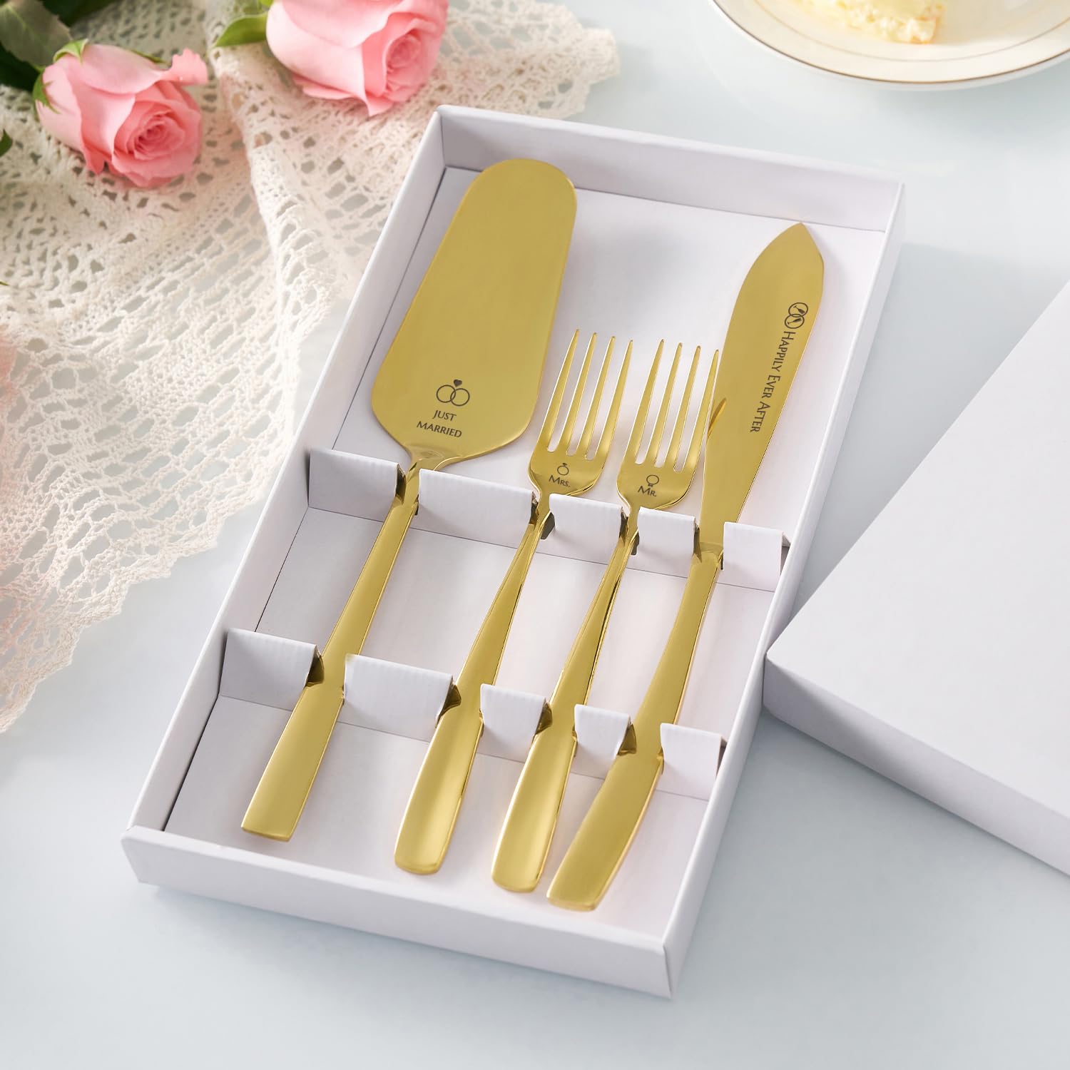 Mr & Mrs Wedding Cake Knife Set with Forks - 24K Gold Plated Stainless Steel Cake Cutting Serving Set - Elegant Bridal Shower Gift for Couples - Perfect for Wedding, Engagement & Anniversary Celebrations