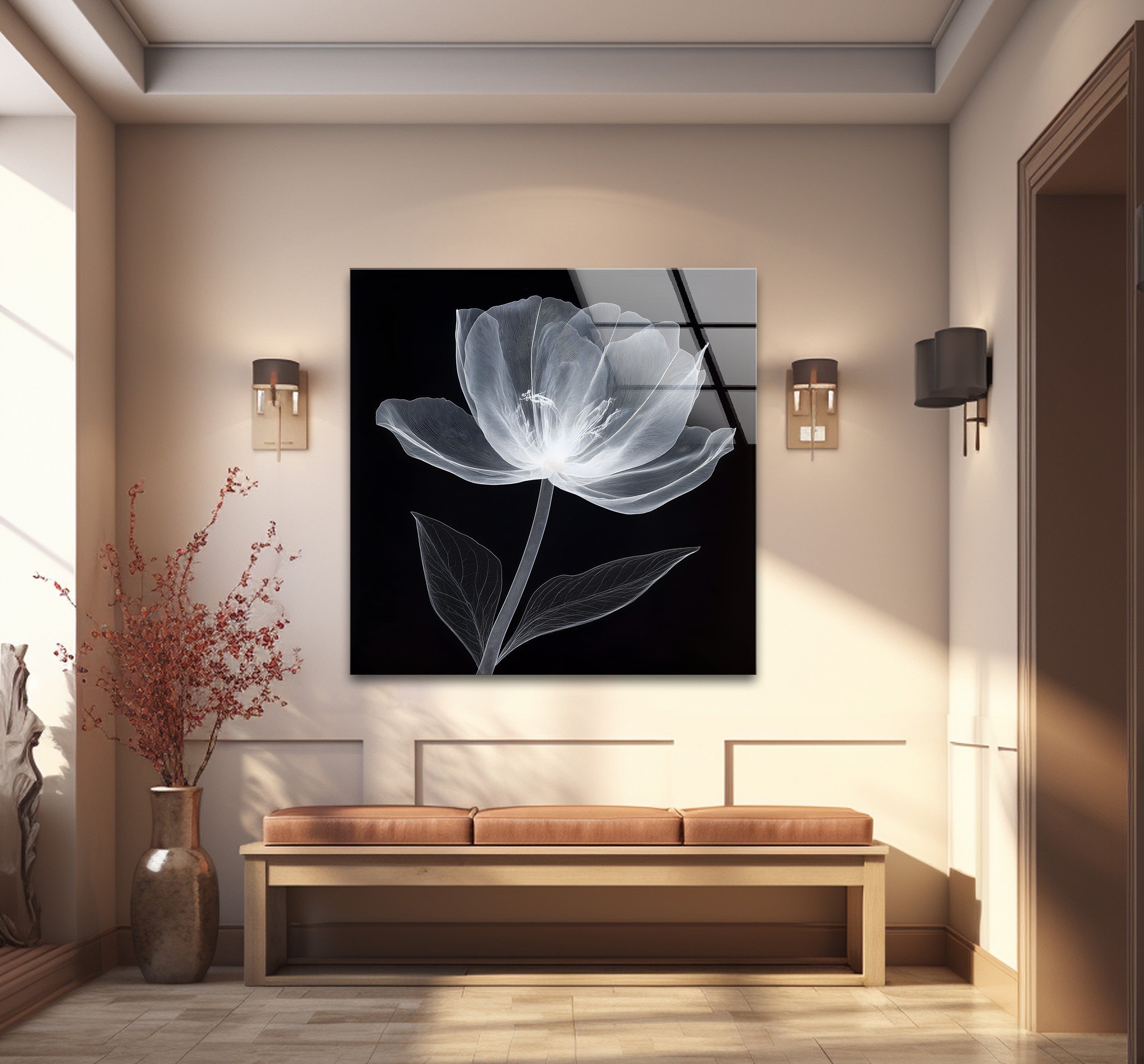 Black and White Minimal Floral Glass Wall Art - Modern Home Decor for Living Room, Bedroom & Office - Elegant Framed Glass Painting for Housewarming Gifts