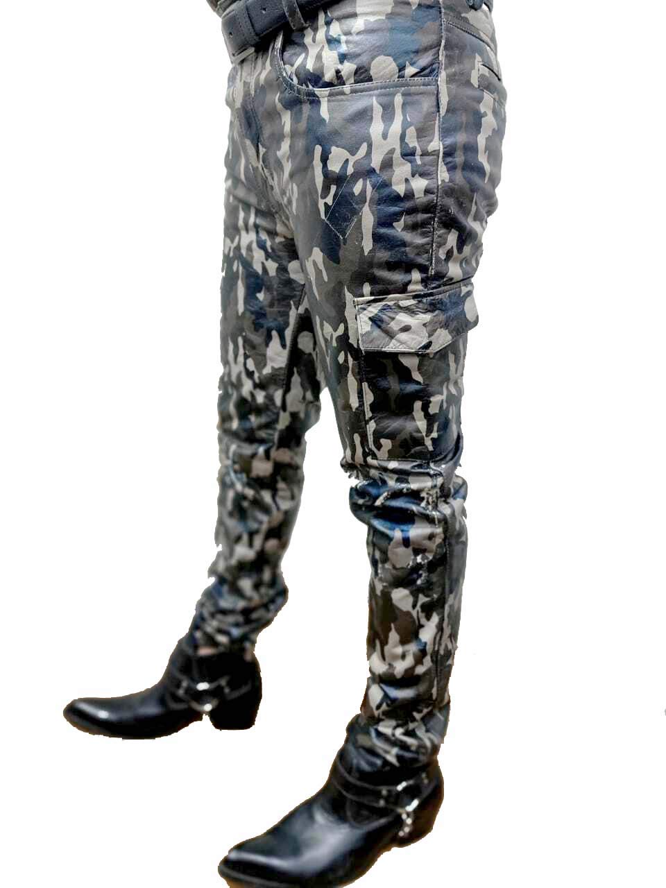**Men's Genuine Cowhide Camouflage Leather Pants – Military Cargo Trousers with Pockets for Outdoor, Hunting & Adventure**