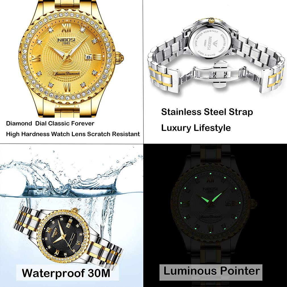 NIBOSI Luxury Diamond Couples Watches - His and Hers Matching Set, Waterproof Quartz Analog Day Date Wristwatch for Husband Wife, Valentine's Wedding Anniversary Gifts, Perfect for Romantic Dates & Special Occasions