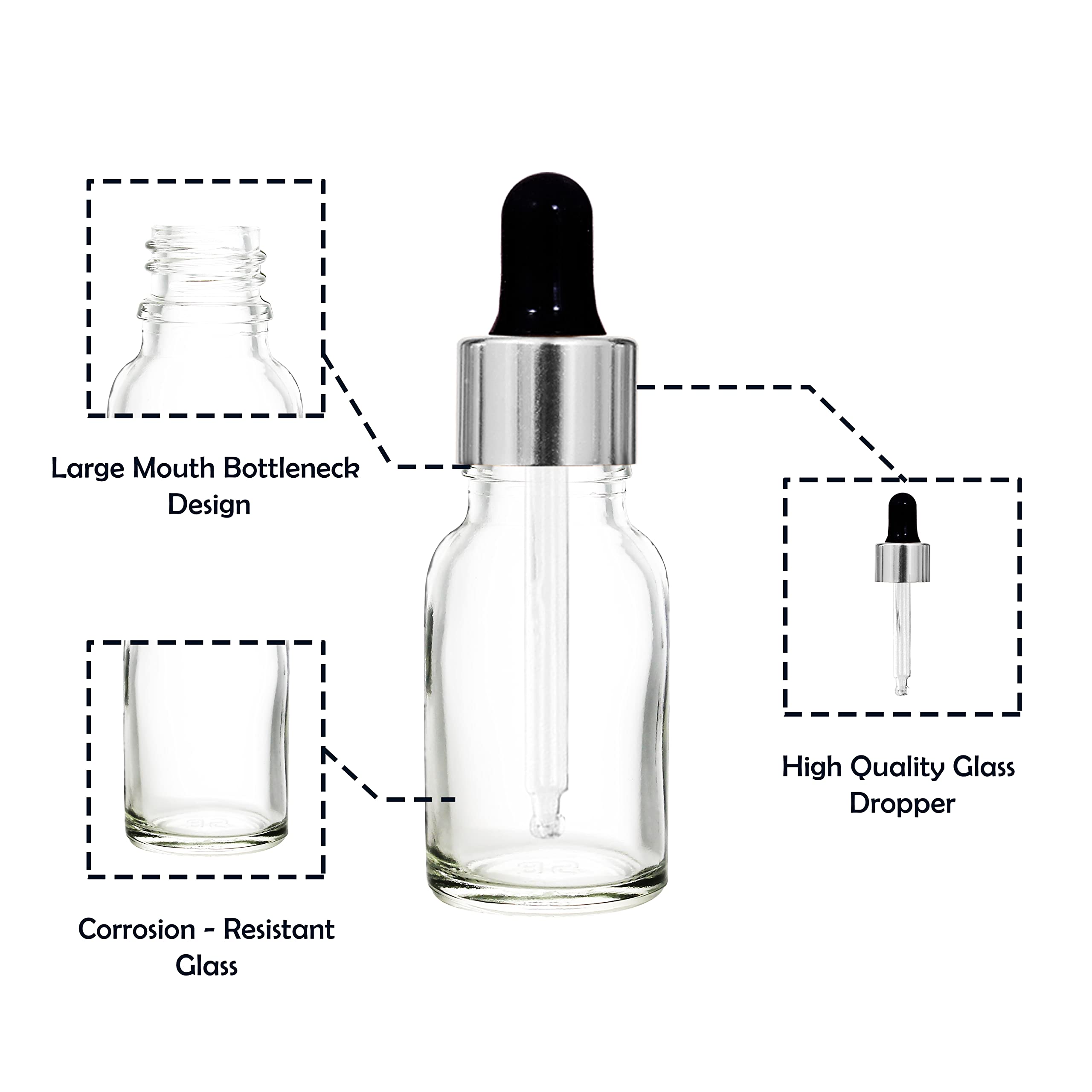 NSB Herbals 15ml Clear Round Empty Glass Bottle with Glass Dropper, Silver Ring & Black Silicone Teat - Refillable for Essential Oils, Perfumes, DIY Beauty (Pack of 3) | Perfect for Aromatherapy, Travel & Home Fragrance