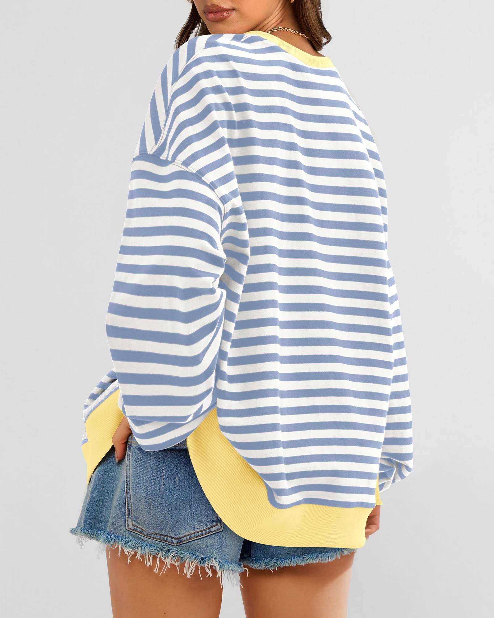 BTFBM Women's Striped Pullover Sweatshirt - Soft Long Sleeve Crewneck Y2K Loose Fit Top for Fall 2025 | Trendy Casual Outfit for Streetwear, College, and Weekend Hangouts