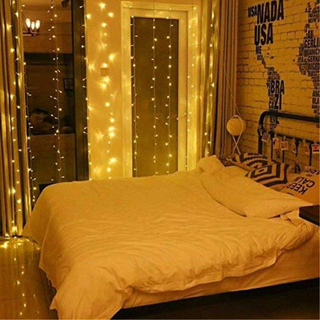 2M x 2M LED Curtain Lights with Remote - 204 Warm White Waterproof Fairy Lights for Windows, Rooms, Christmas Gazebo & Backdrop Decor - Mains Powered Linkable Hanging Lights for Indoor/Outdoor Use