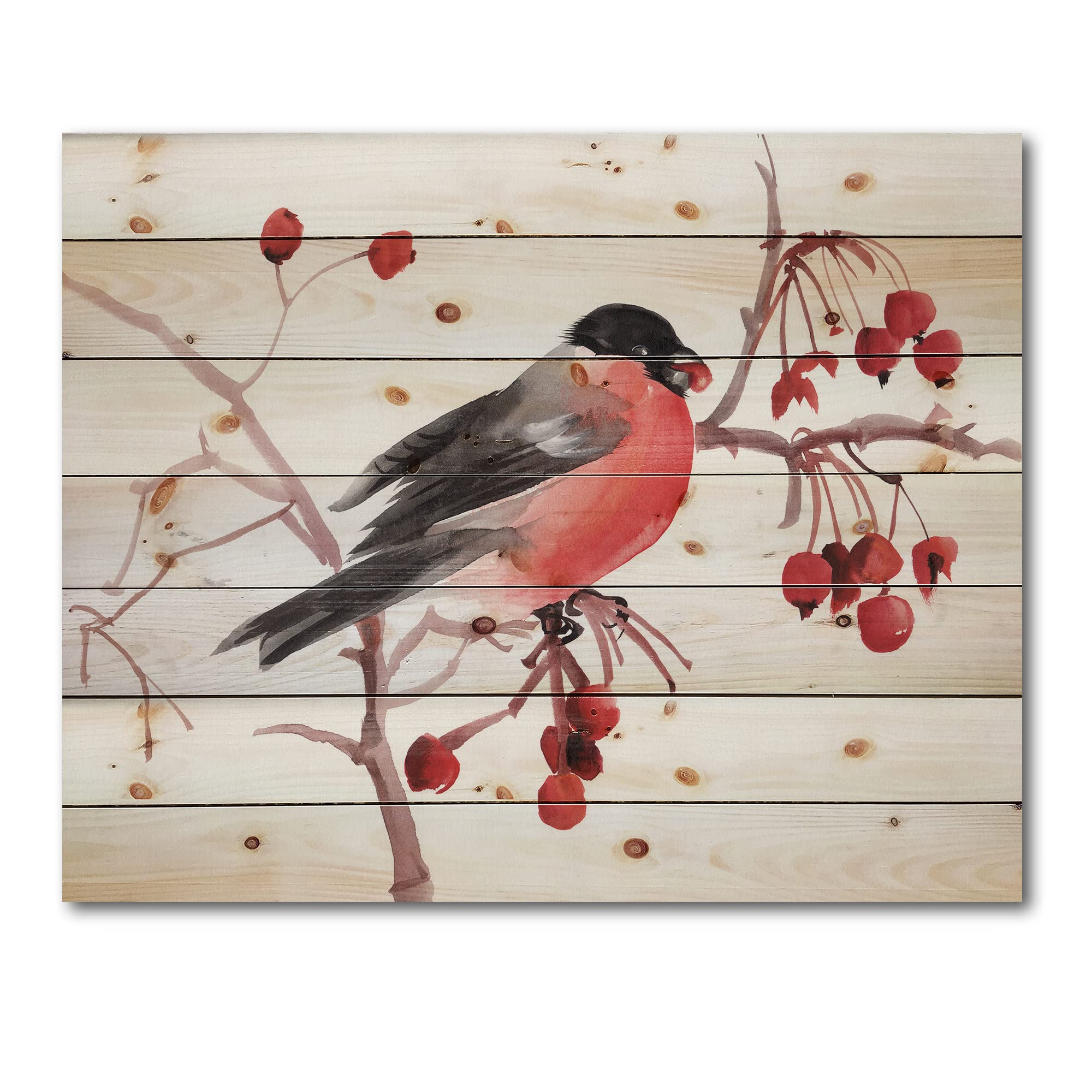 DesignQ Bullfinch Bird on Branch Traditional Wood Wall Decor - Red Wood Wall Art, Large Animal Wood Panel Printed on Natural Pine - Perfect for Living Room, Bedroom & Office Decor