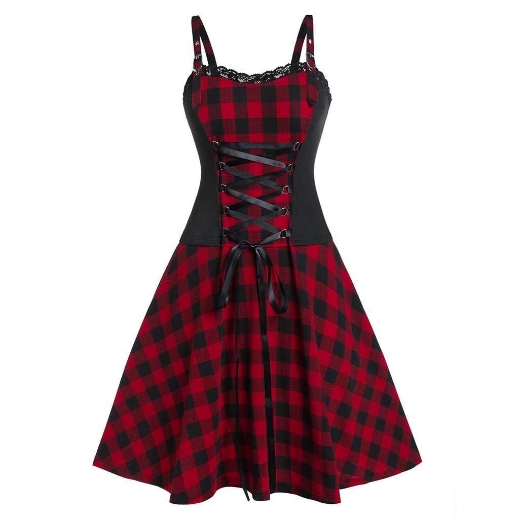 Vintage 1950s Plaid Swing Dress for Women - Sleeveless Lace Up Gothic Steampunk Cocktail Dress in Red | Perfect for Halloween Costumes, Cosplay Events & Retro Themed Parties