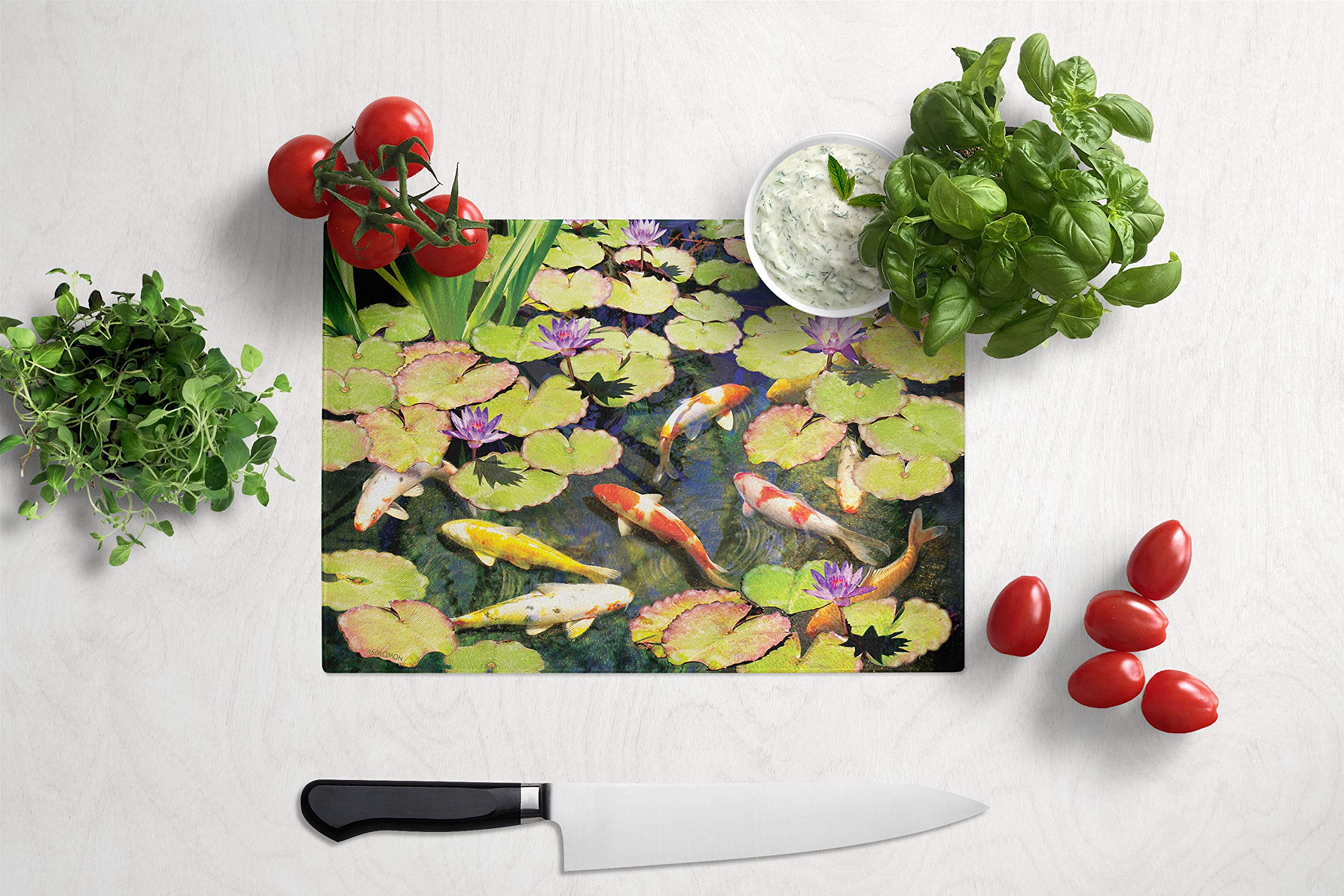Caroline's Treasures PRS4049LCB Koi Pond IV Large Tempered Glass Cutting Board - Decorative Kitchen Chopping & Serving Board for Sushi, Fruits, Cheese - Perfect for Entertaining & Home Decor