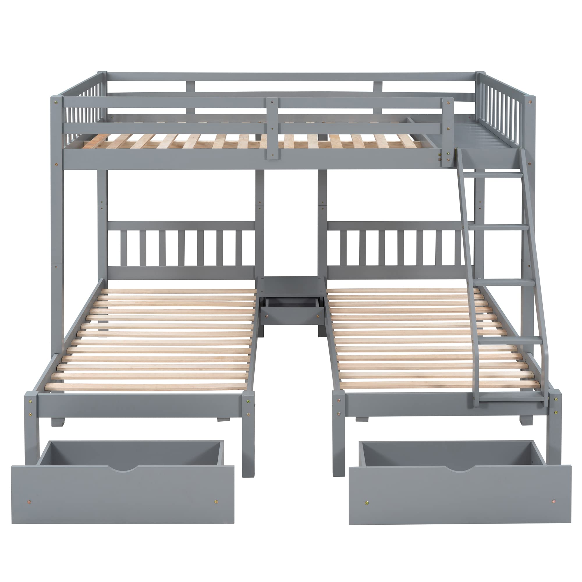 Wood Triple Bunk Bed with 3 Drawers & Guardrails - Full Over 2 Twin Bunk Bed for Family & Teens - No Box Spring Needed - Space Saving Kids Bedroom Furniture for Small Rooms & Vacation Homes