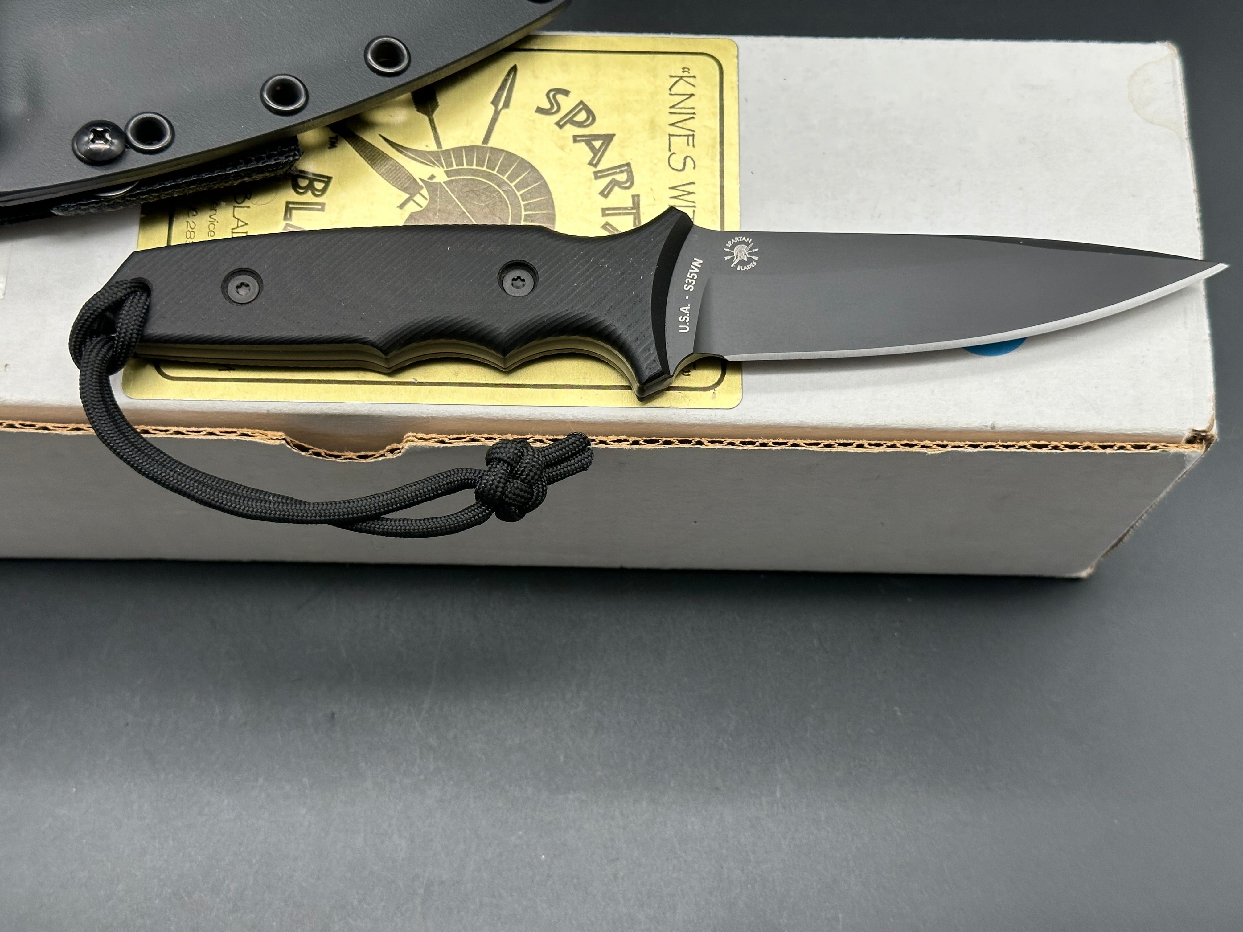 Spartan Harsey TT Tactical Trout Knife - Black S35VN Steel Blade with Black Linen Micarta Handle - Survival, Hunting, Camping & Outdoor Activities
