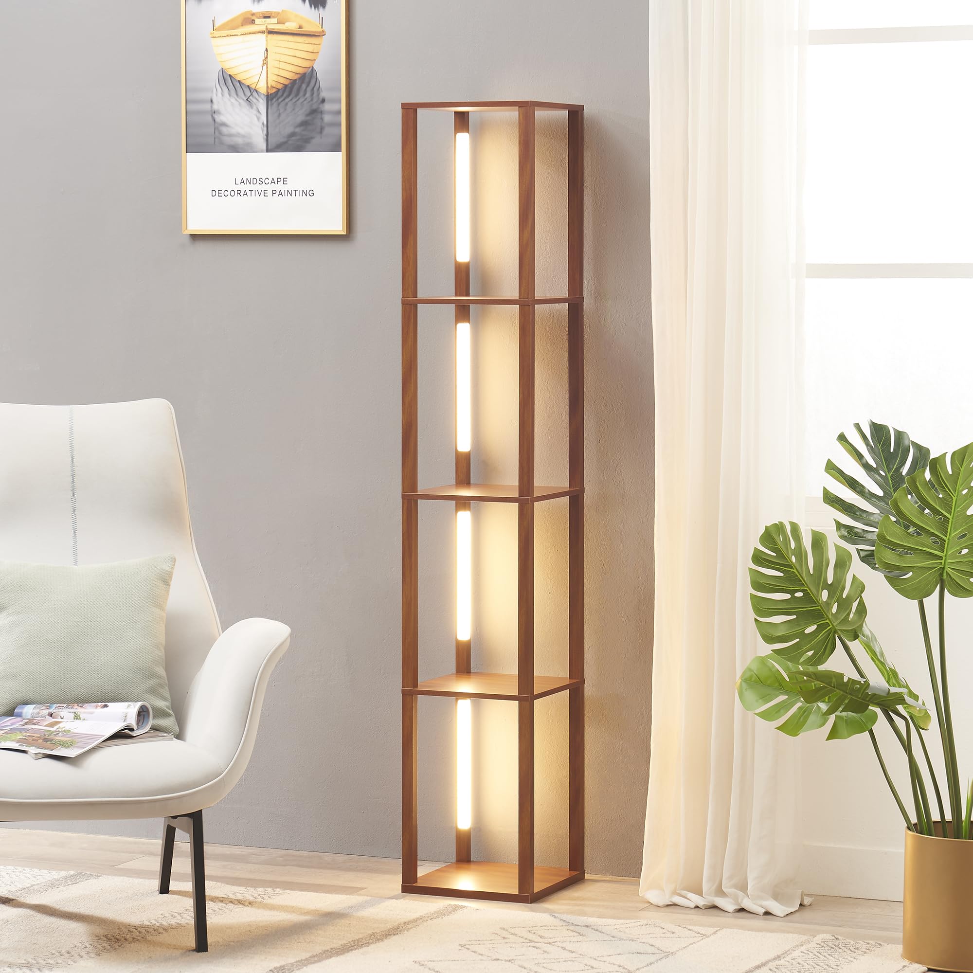 FENLO LED Display Shelf with Dimmable Lights - Modern Corner Shelf Floor Lamp with Shelves for Living Room, Bedroom & Office - Sturdy Curio Cabinet for Home Decor, Books & Collectibles