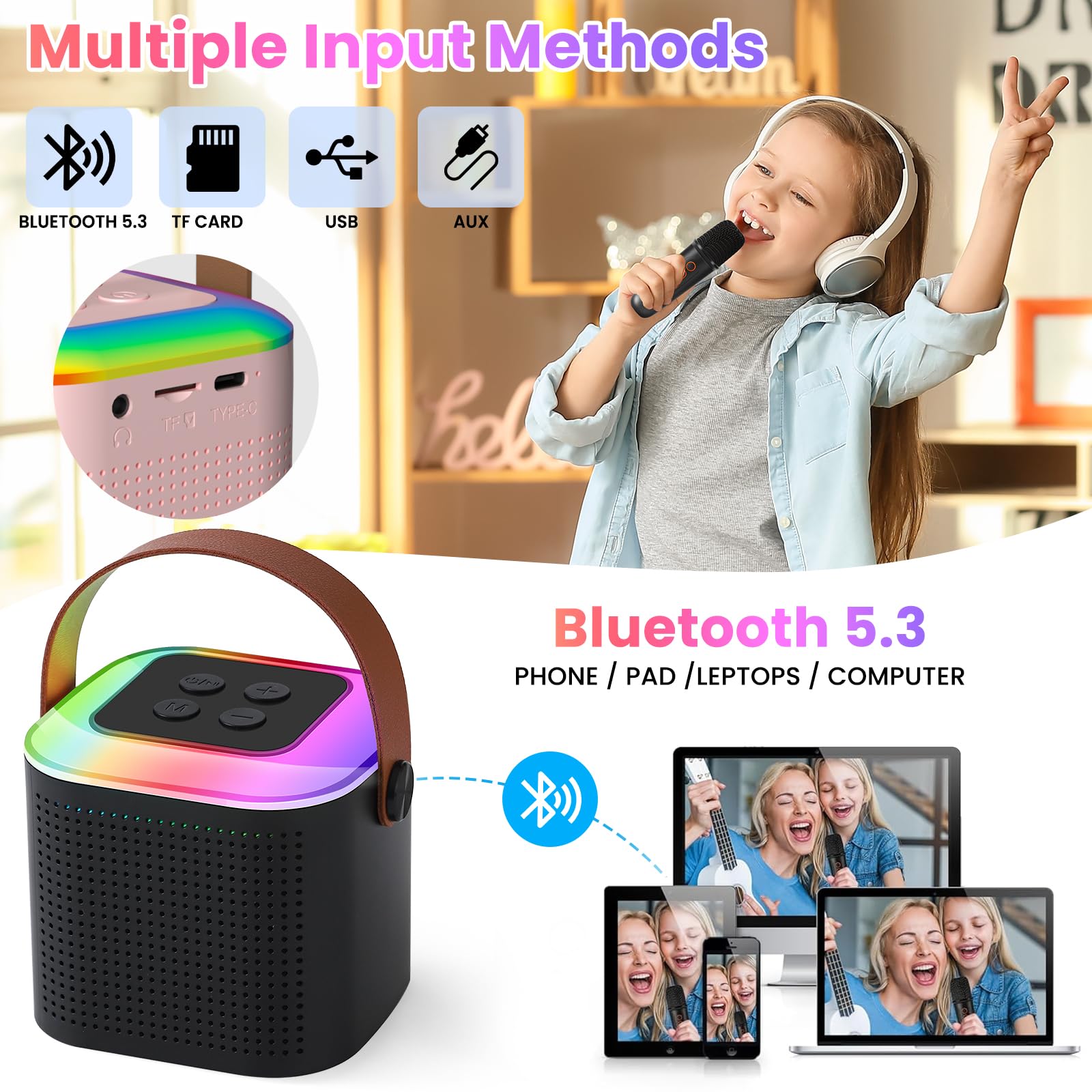 Portable Bluetooth Karaoke Machine with 2 Wireless Microphones - Mini Speaker for Kids & Adults - Perfect for Home Parties, Birthday Gifts & Family Fun (Black)