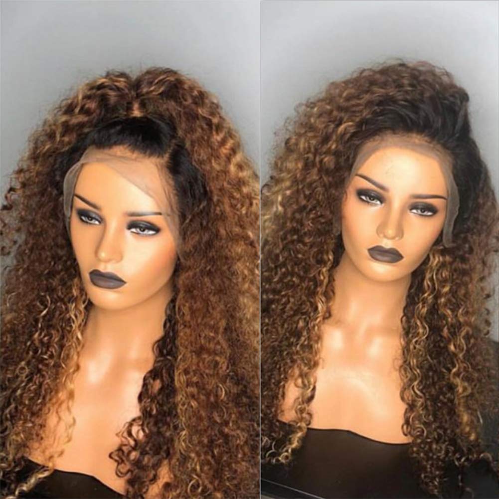 Ombre Blonde Curly Human Hair Wigs - 180% Density Malaysian Curl Full Lace Wig with Baby Hair & Bleached Knots | Pre-Plucked Lace Front Wig for African American Women (24 Inch) - Perfect for Daily Wear, Cosplay & Special Occasions