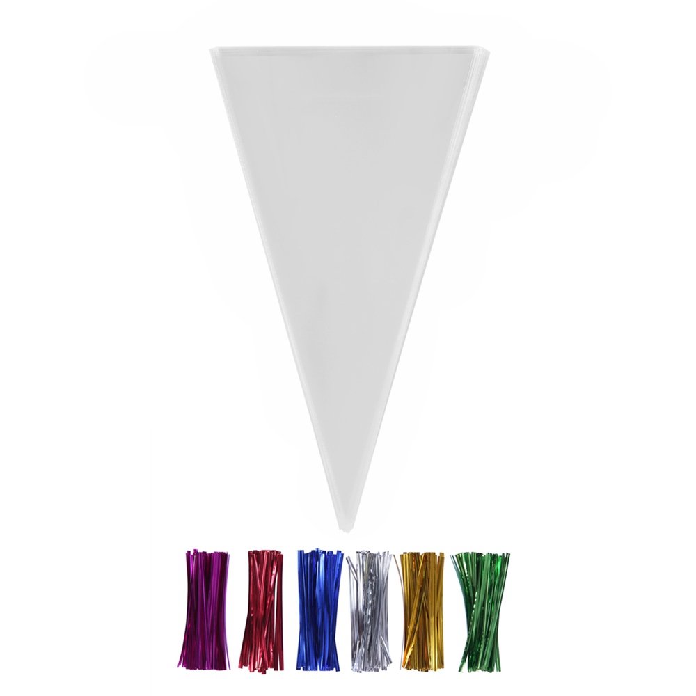 200 Clear Cone Shaped Treat Bags with Twist Ties - 4