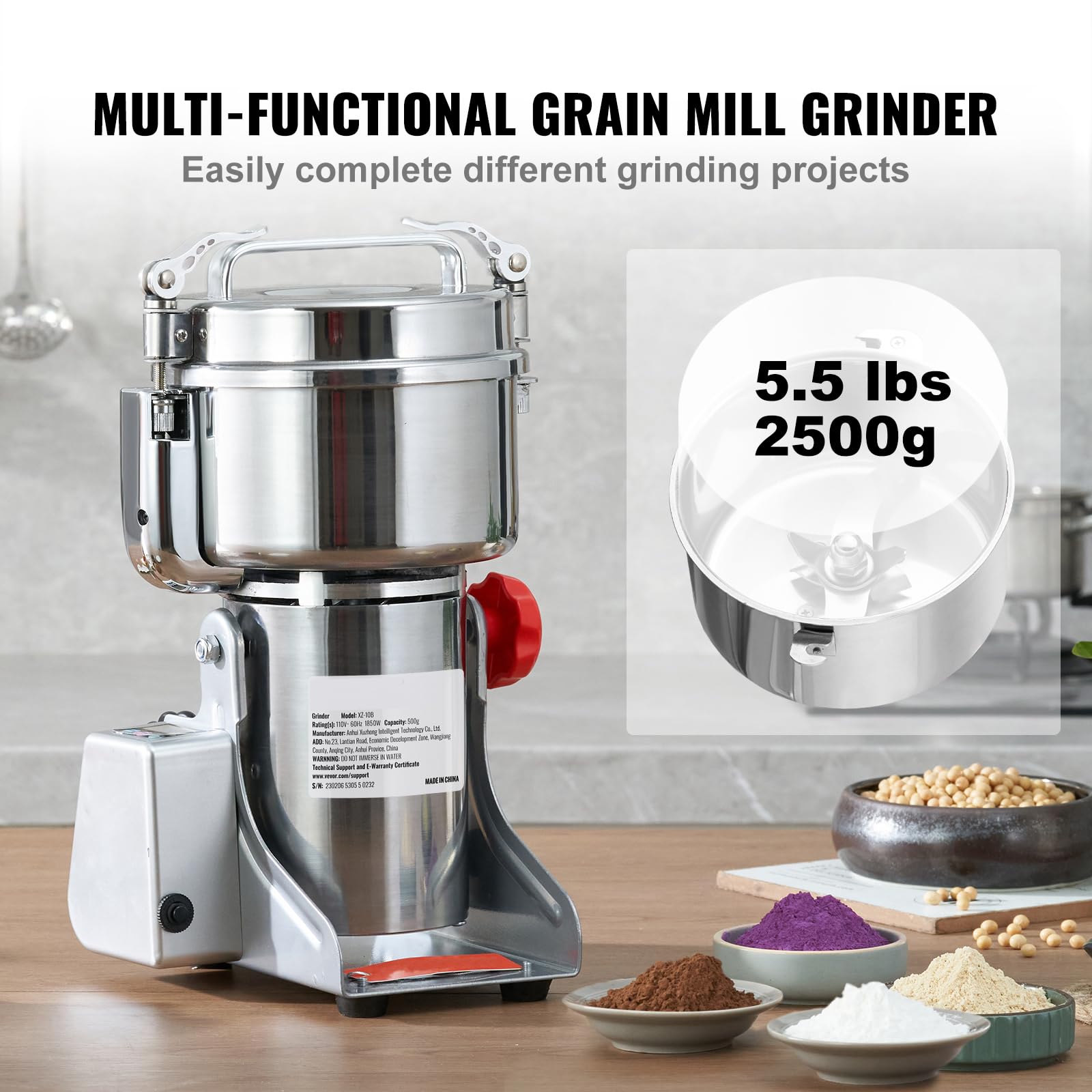 VEVOR 2500g Commercial Electric Grain Grinder - 3750W High-Speed Stainless Steel Mill for Coffee, Corn, Pepper & Dry Grains - Perfect for Bakeries, Restaurants & Home Kitchens