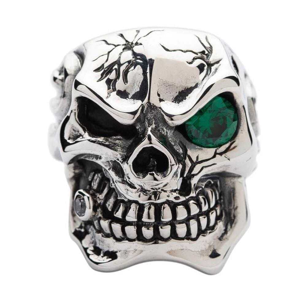 Bikerringshop 925 Sterling Silver Men's Skull Ring with Emerald Eyes - Gothic Jewelry for Bikers, Rockers & Punk Fashion Lovers