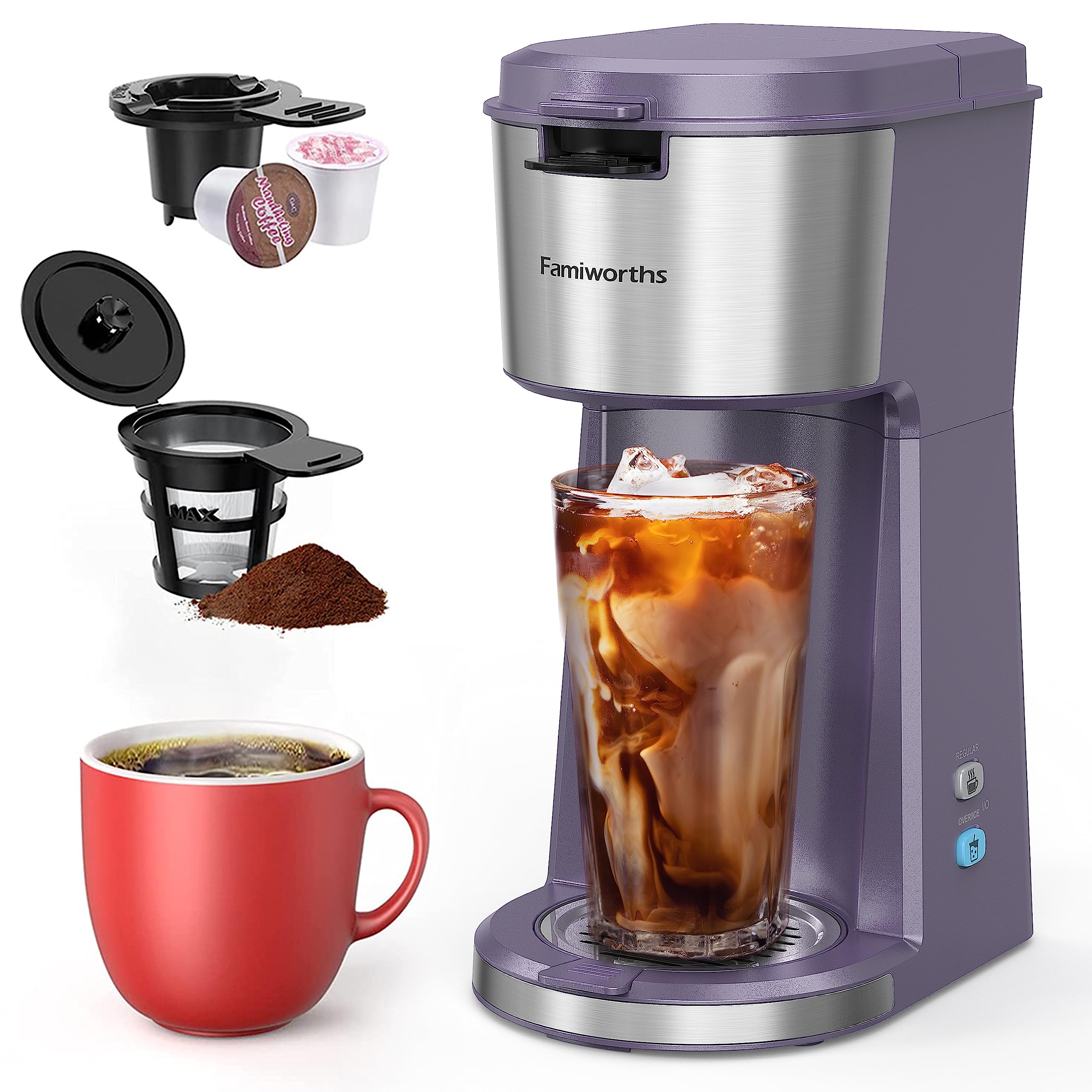 Famiworths Single Serve Iced & Hot Coffee Maker - Compatible with K-Cups & Ground Coffee, Self-Cleaning with Descaling Reminder - Perfect for Home, Office & RV Use - Lavender Color | Brew Chilled Coffee for Summer or Hot Coffee Anytime