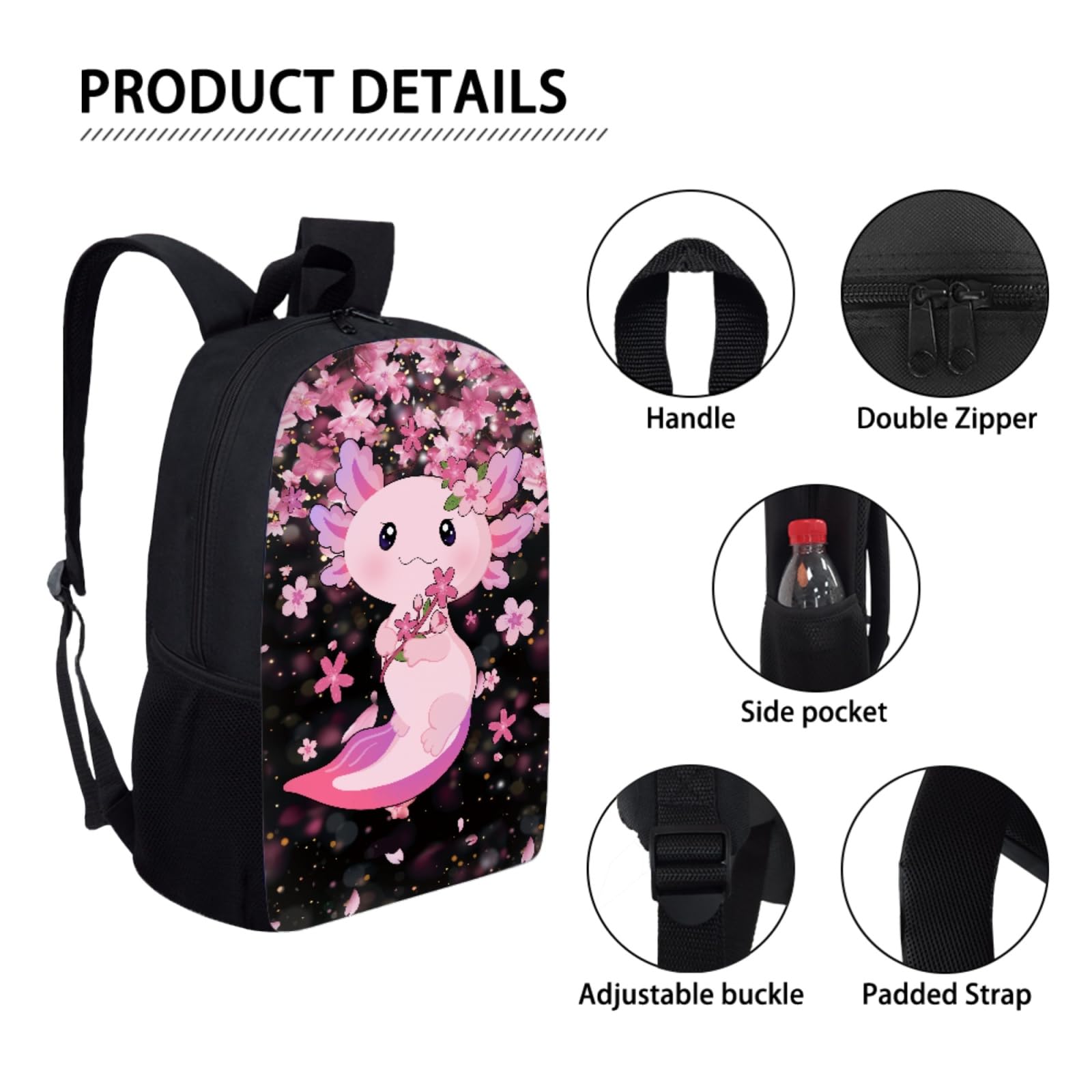 Cute Axolotl Kids Backpack Set with Lunch Box, Pencil Case & Bottle Holder - School Bookbag for Boys & Girls, Lightweight Daypack for Travel, Class, Camping & Outdoor Activities (4-Piece Set)