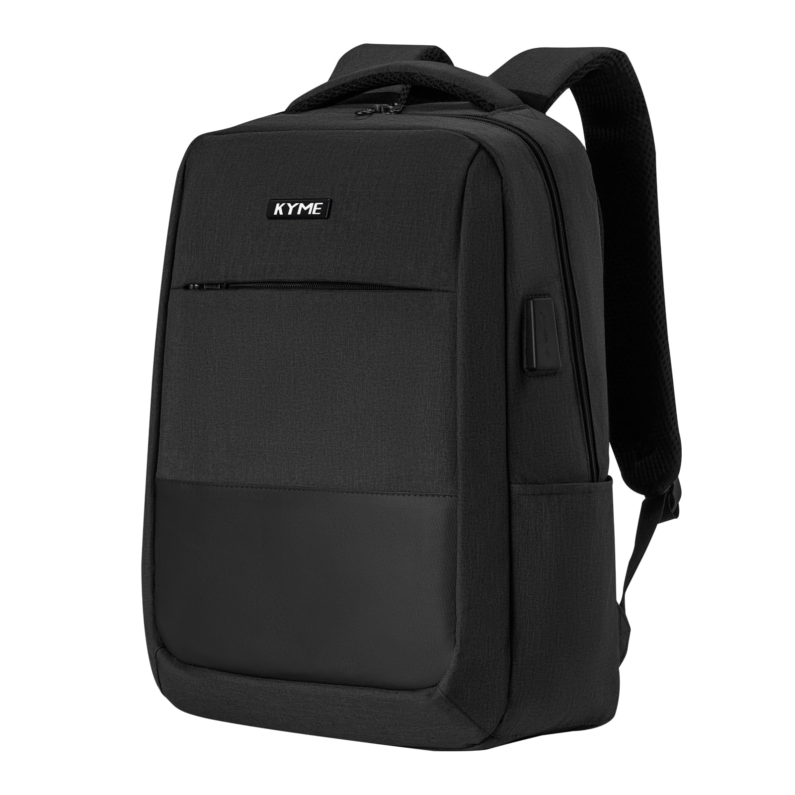 KYME Travel Backpack for Women & Men - Airline Approved Carry On Backpack with USB Charging Port & 15.6 Inch Laptop Compartment - Waterproof Casual Daypack for Business Travel, Weekend Trips & Commuting (Black)
